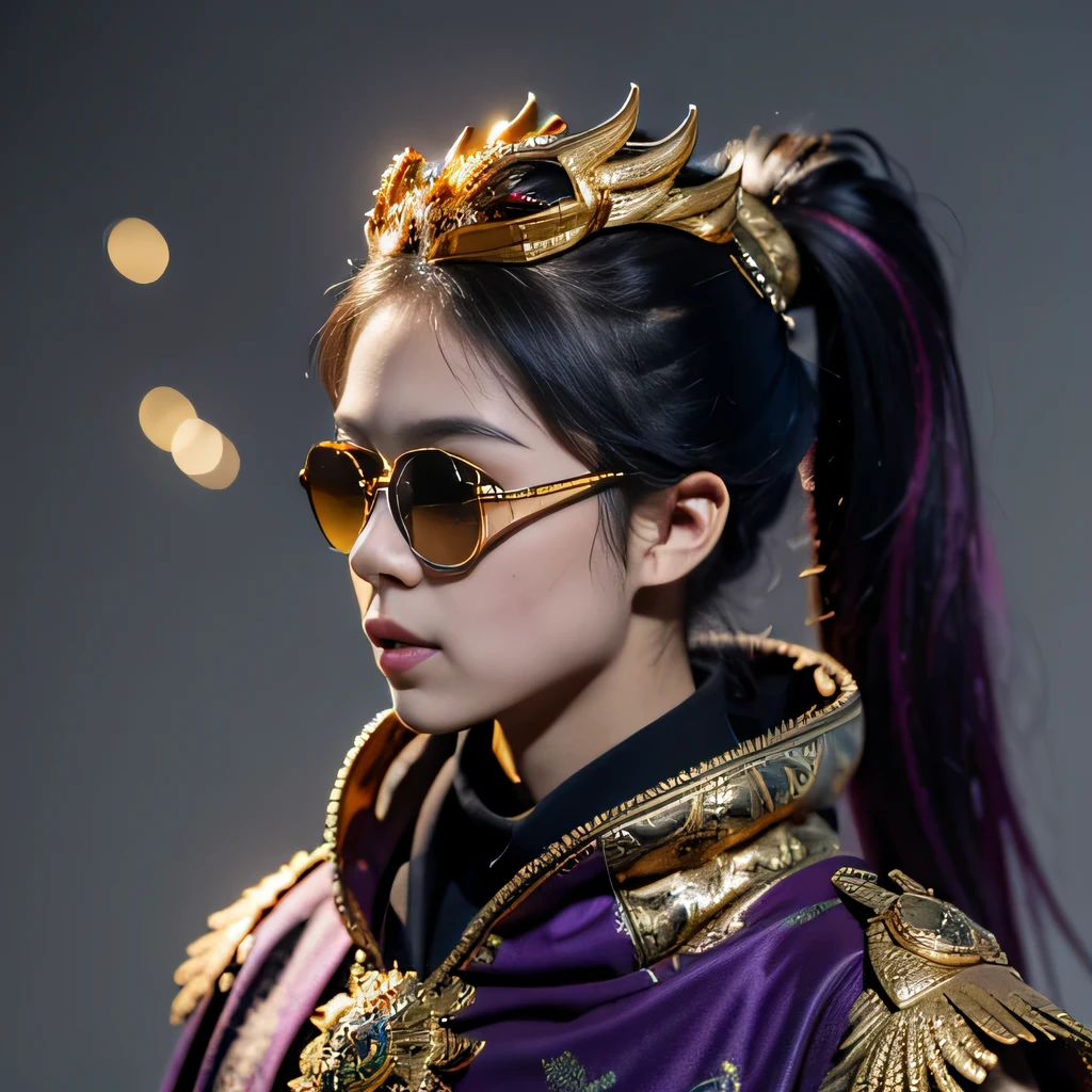 On snowy nights，32k（masterpiece，HD，super high quality，32k）Purple-pink double ponytail，flower stick，Indigo Skull King ，mahogany steering wheel （The skeleton is very realistic：1.4），crocodile print robe，Rusty skull ornaments，Sand gold linen cloak，Petals flying，Deep gold sunglasses，Hold your head high，worthy of pride，looking at people through nostrils，A primary and secondary school student， high resolution，Xueba， detail， original photo， Sharp Re， Nikon D850 film photo by Jefferies Lee 4 Kodak Portra 400 camera F1.6 guns, rich and colorful, Super real、Vivid texture, dramatic lighting, Unreal Engine Art Station Trend, Silicon Nest 800，Hold your head high，side，worthy of pride，looking at people through nostrils，arrogant，Petals flying，Petals flying，Gold-plated crocodile leather，Fluttering，Impeccable，( Reasonable design, clear lines, HD definition,best quality, Very detailed skeleton, skeleton of masterpiece, official art, Lighting effects, 8K crocodile skeleton（（（Windproof goggles）））Deep gold sunglasses，sideportrait