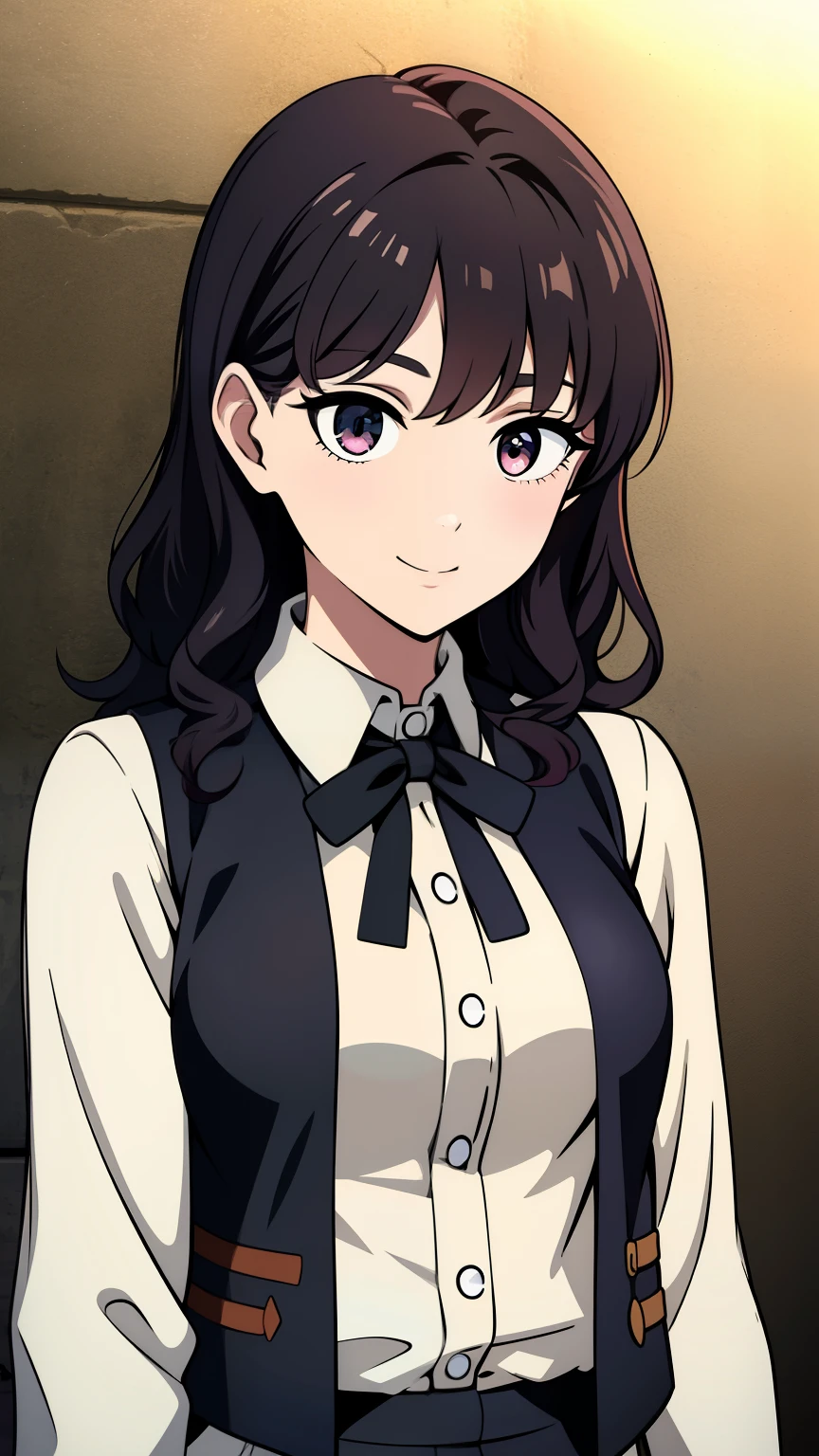 (high-quality, breathtaking),(expressive eyes, perfect face) 1girl, female, solo, half body, 1800's clothing,18th century fashion, black color hair, medium hair length, curly wavy hair, pink eye color, Chainsaw man anime art style, teenager age, ************, portrait, cute smile, pants , sleeveless unbuttoned vest jacket, long sleeved cotton shirt, zoomed out, D cup breast size
