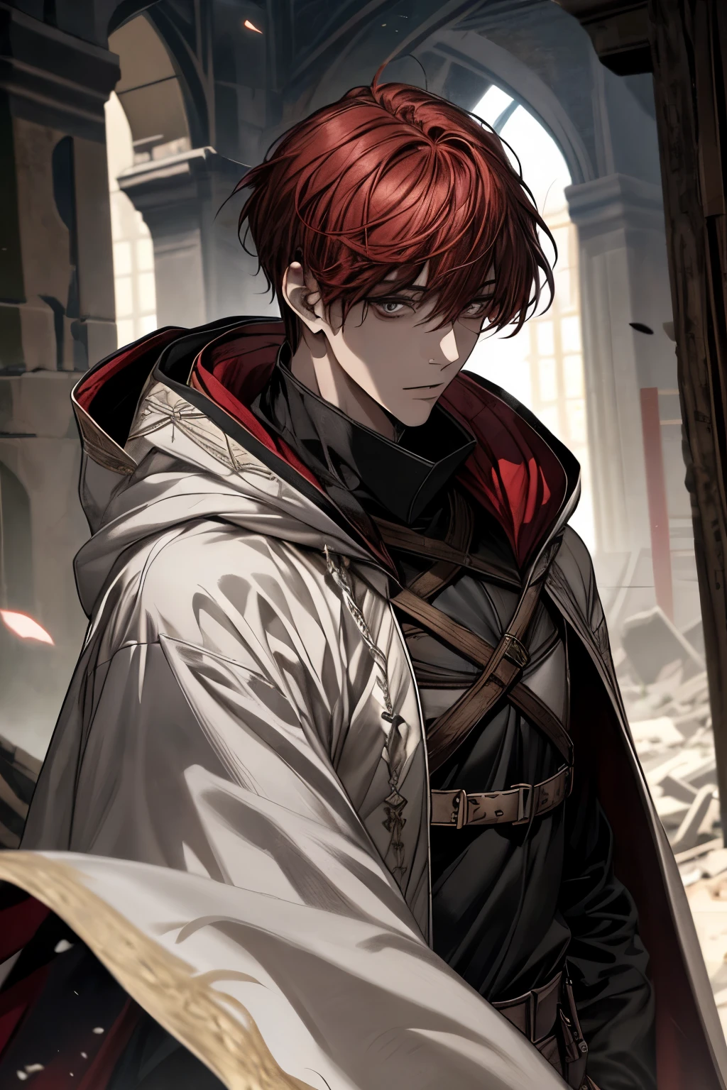 male, red short hair with bangs, black eyes, adult face, adult, white hood and shroud, handsome, medieval fantasy, ruins, sorcerer