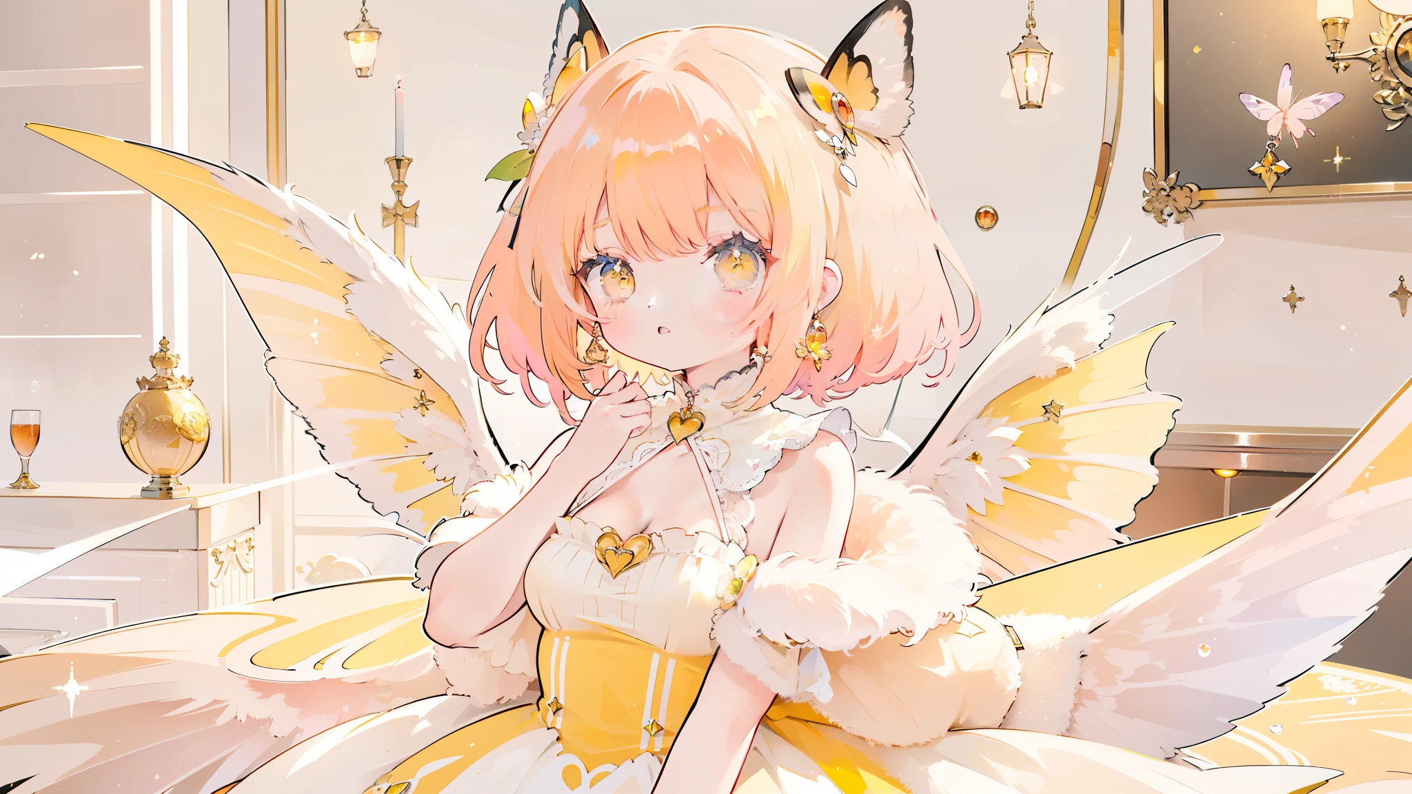 Best quality, girl, solo, moth girl, moth wings, antennae, neck fur, Peach hair, yellow eyes, dressed in peach and yellow tones, Lolita, two pairs of peach wings