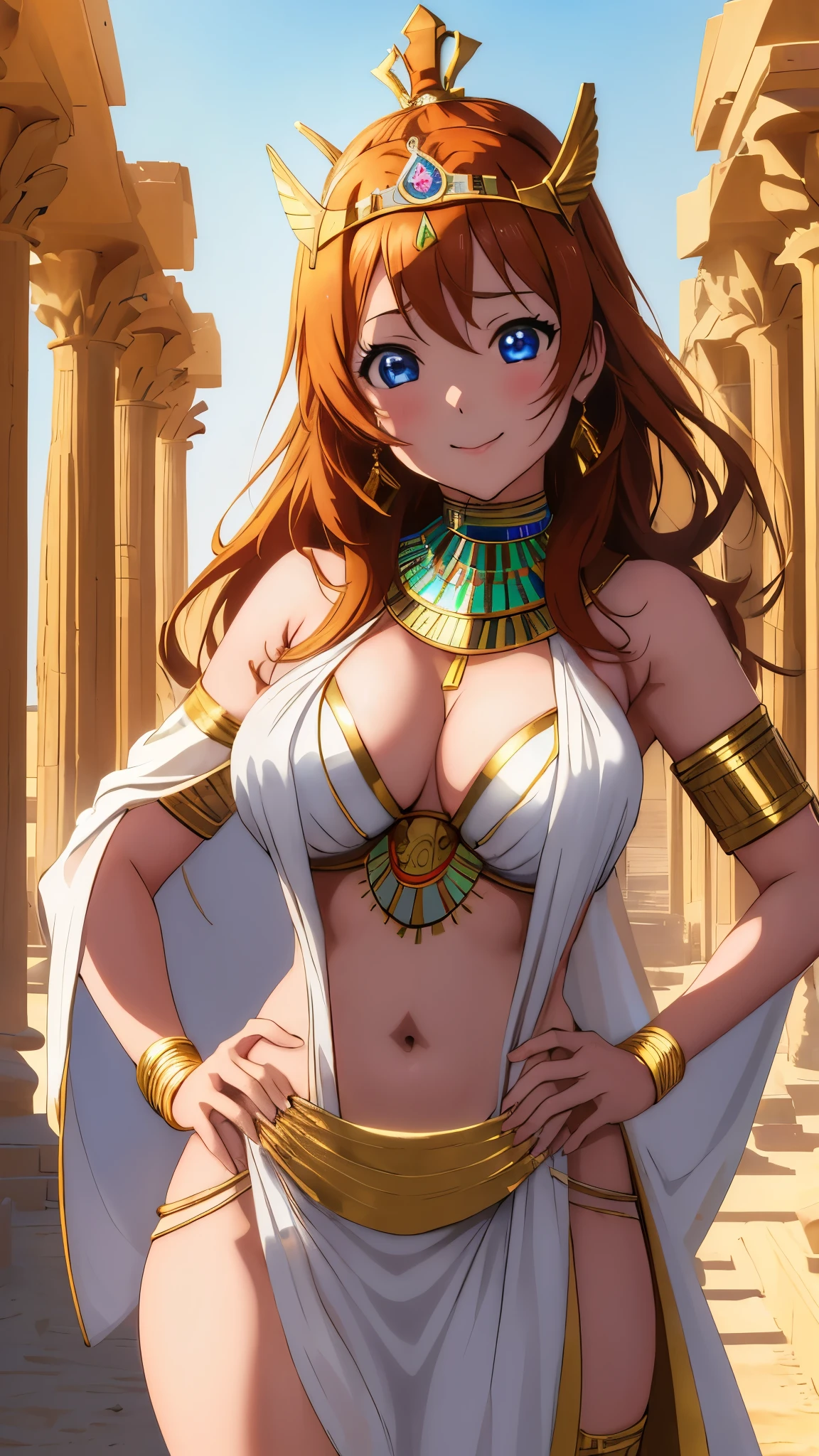 ((Masterpiece)), 8k wallpaper, kousaka honoka, blue eyes,skshonoka, beautiful urban female model,facial details,glowing eyes,detailed body part details,looking at viewer,(one hand on hip one hand on hair),thighs,navel, cleavage,(white Egyptian dress),tiara,in Egyptian desert,sun and pyramid in background.