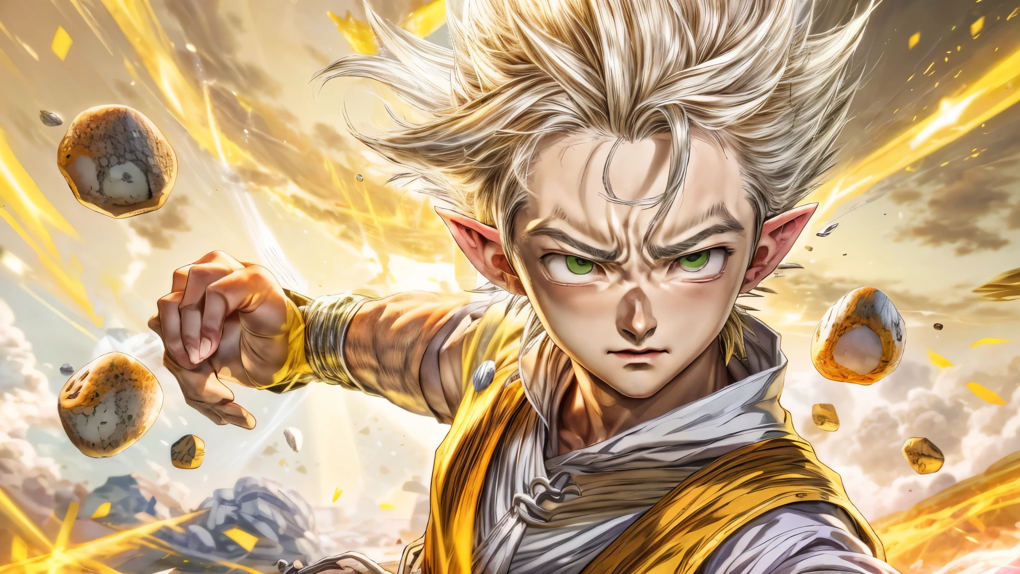 (master piece), 8k, best quality, elf boy, naive, male, teenager, , 1.70 meters tall, white skin, thin body, pointed elf ears, beautiful finely detailed silver eyes, high forehead, spiky yellow blonde hair like Gohan from the anime dragon ball (super sayajin), incredibly handsome, conservative elven outfit, fighting, action, throwing small salt stones at enemies,