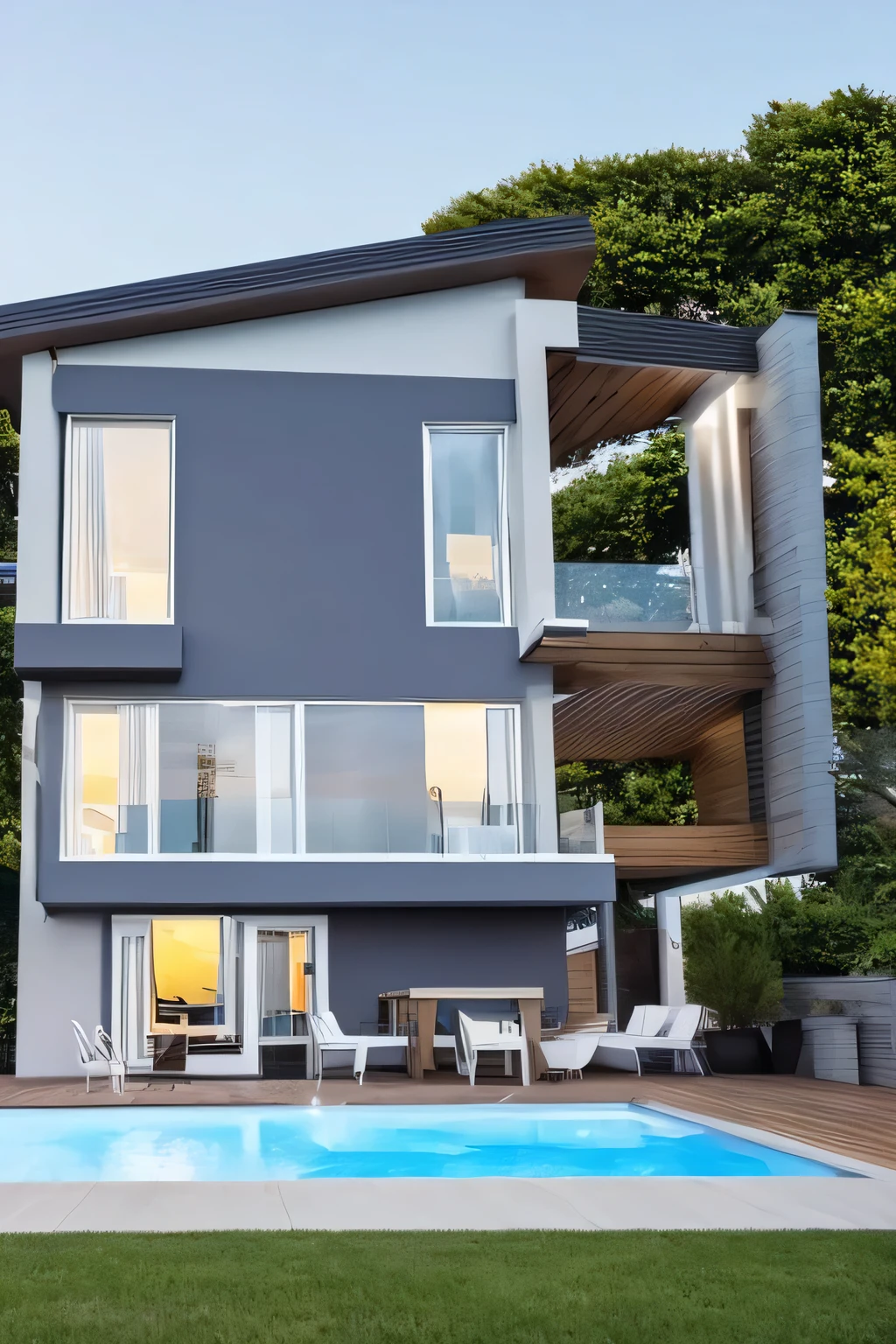 Ein Zuhause mit futuristischer Technologie,3-storey building,Gegen die Berge,Mit Blick auf den See,Riesiger Swimmingpool,Moderner Baustil, hyperdetailliertes Foto,Bauen,Kompliziert,Beschattung, HighDynamicRange (Hoher Dynamikbereich),Dynamische Beleuchtung, fotorealistisch, Natural, weiches Licht, Niedriges H, tmasterpiece, Detailliert 8K,Es gibt super viele Details,Oversized, vom Boden bis zur Decke reichendes Glas,Eine Kombination aus Technologie und Natur,Hat einen super coolen Look,