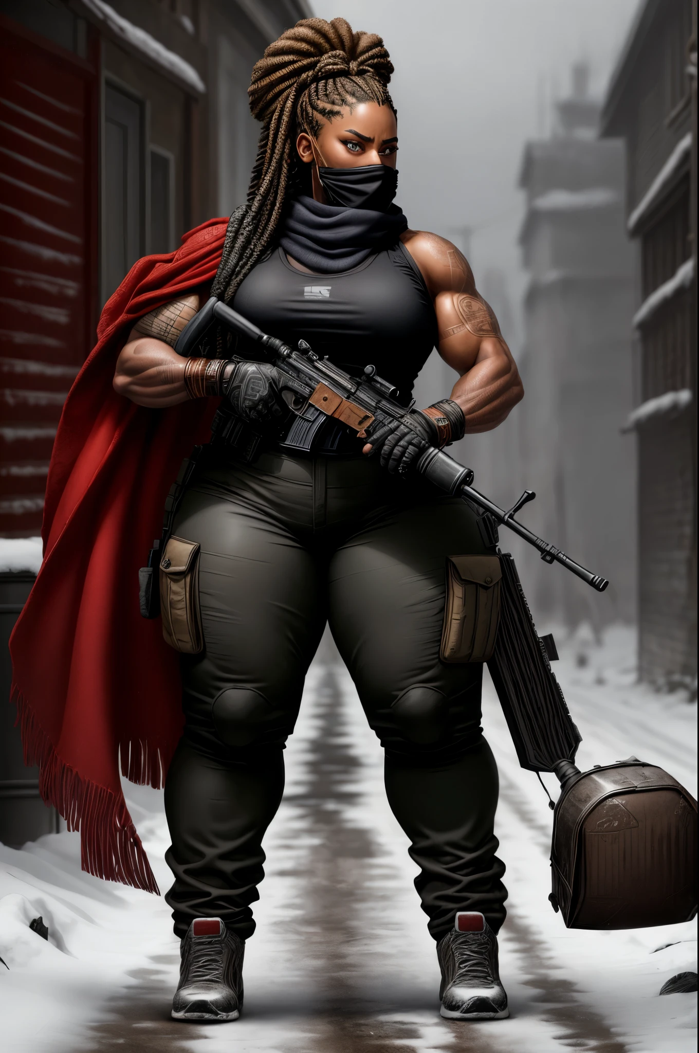 best quality,ultra-detailed,portrait, muscular, Aissa Maiga mixed with sanaa lathan holding oversize shotgun, big woman, 250 lbs, muscular thighs, woolly braided hair, box braids, very dark skin, beautiful detailed amber eyes, beautiful dry lips, tribal tattoos on face, detailed long woolly braided hair, bantu braids, blood soaked t-shirt with scarf, balaclava under neck, tactical vest, black tactical pants, mercinary, cold, snowy atmosphere, blood in the snow, desolate landscape, freezing, breezy winter night, icy road, bare trees, abandoned vehicles, angry expression, sharp focus on the old rusty rifle, metallic texture, crisp, high contrast, cool color tones, dramatic lighting