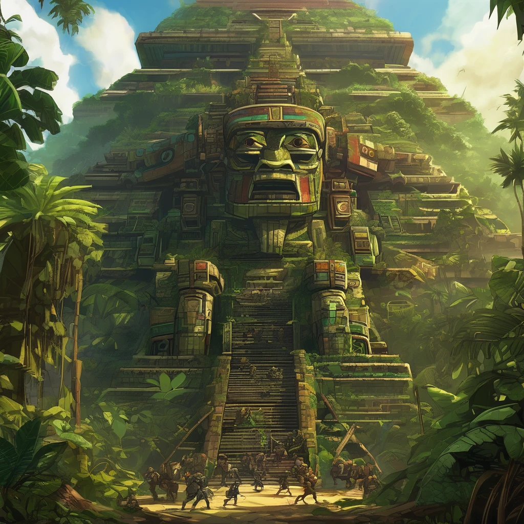 A giant mecha of an Aztec god is part of a massive pyramid. The jungle has over taken the scene, figs and vines cover everything.