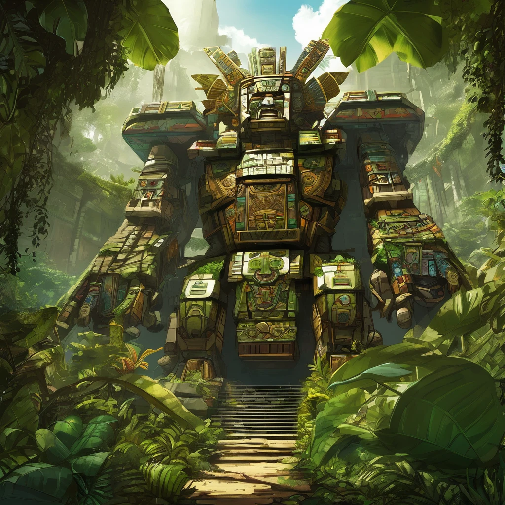 A giant mecha of an Aztec god is part of a massive pyramid. The jungle has over taken the scene, figs and vines cover everything.