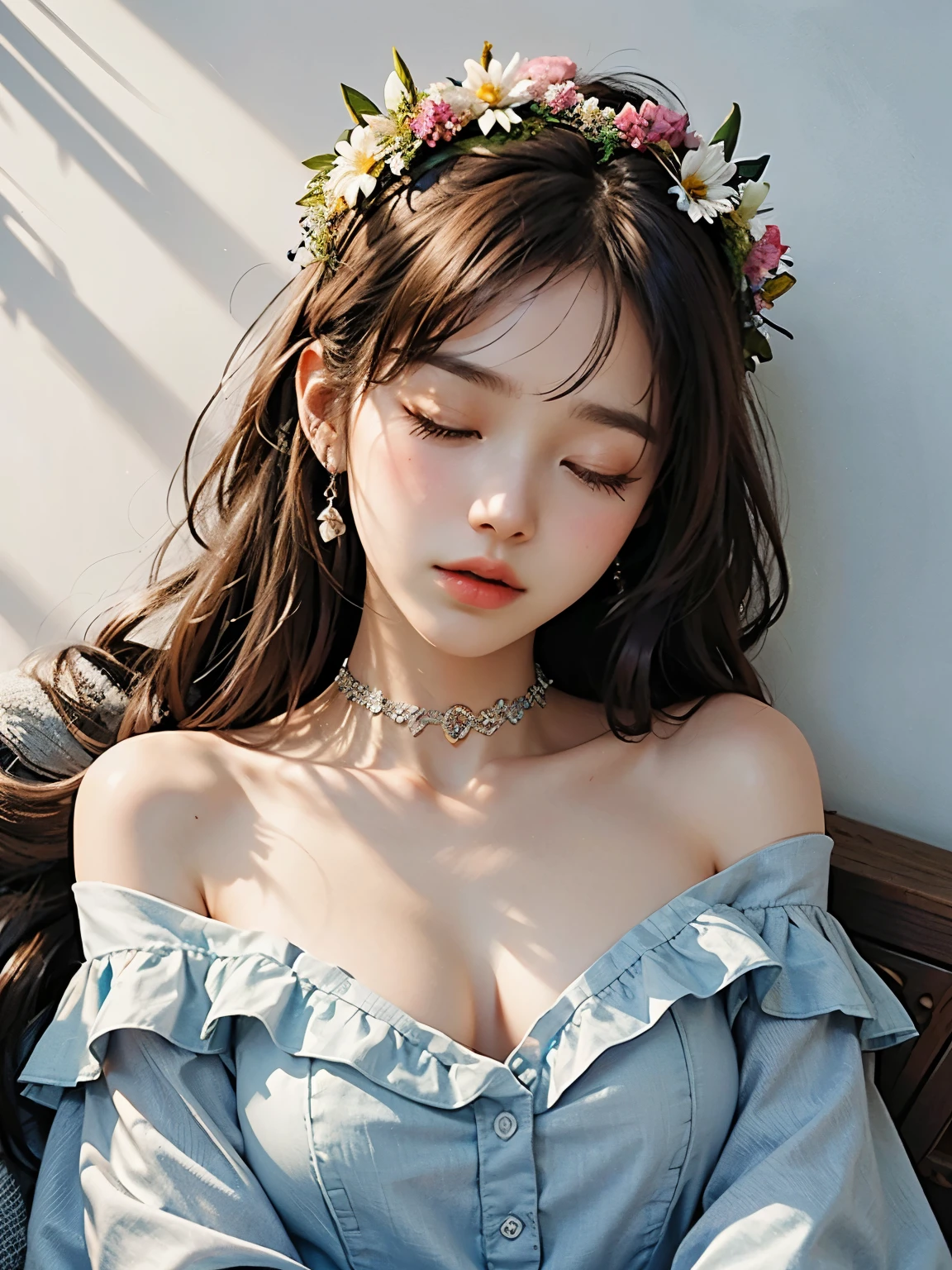 Teen, Sleeping, closed eyes, flower crown,Open mouth, Deep-v Off shoulder simple dress, collarbone, wide chest