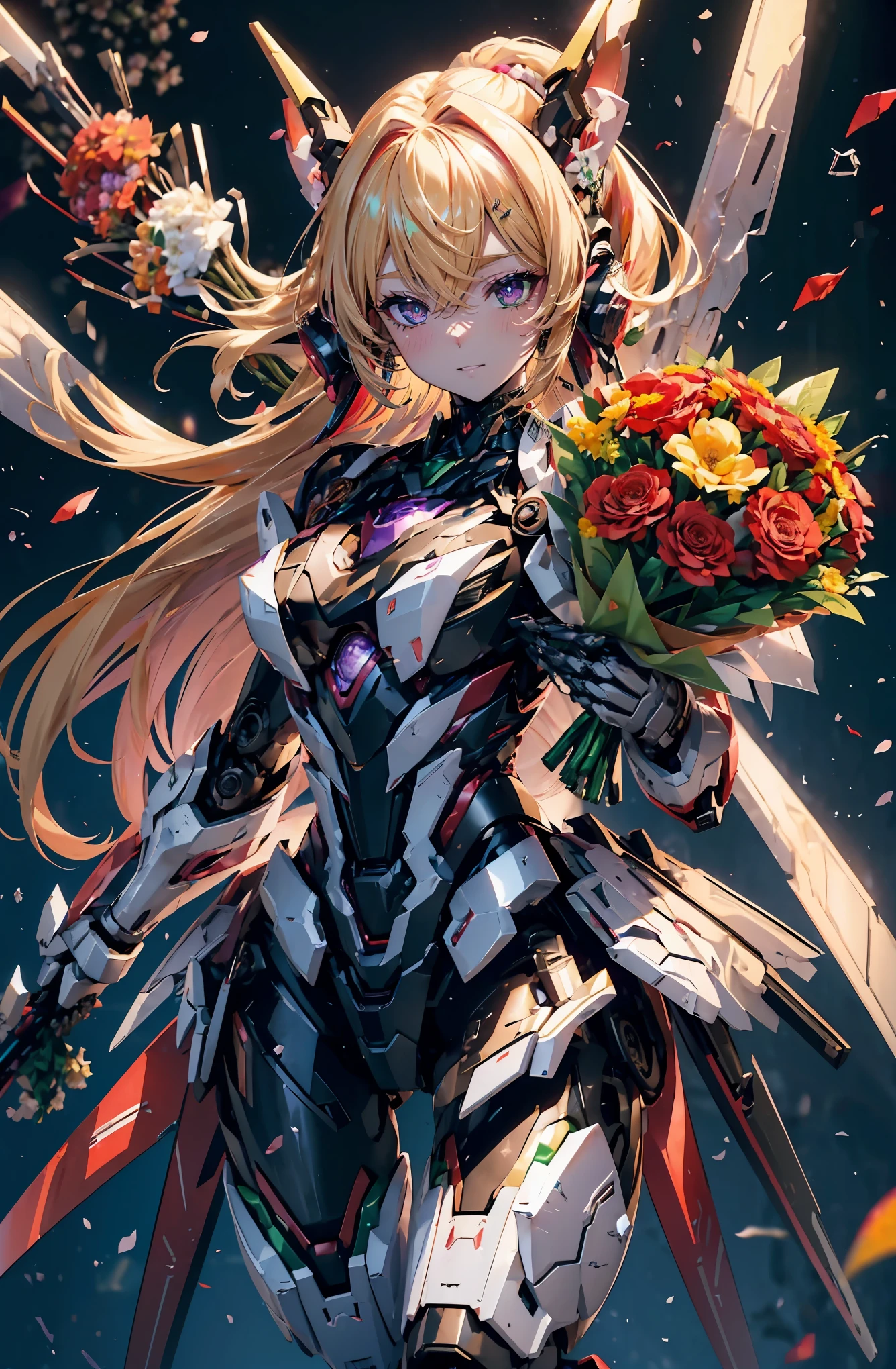 hyper quality、8K quality、High resolution、Image quality taken with a single-lens reflex camera、perfect anatomy、purple eyes、with an evil smile、mecha girl、villain、blonde、combined robot、beautiful girl、Mechanical parts with a three-dimensional feel、BREAK、(Holding a bouquet filled with colorful flowers such as red and green:1.5)