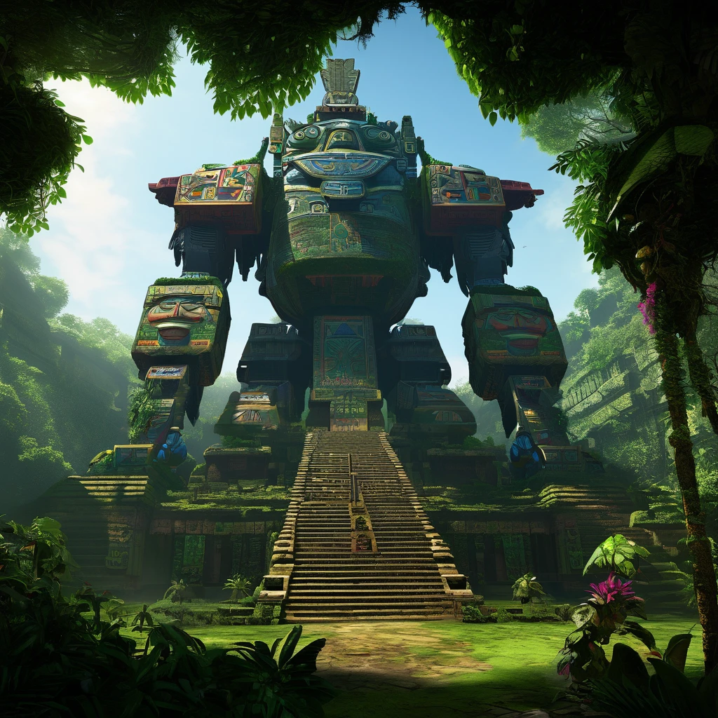 A giant mecha of an Aztec god is part of a massive pyramid. The jungle has over taken the scene, figs and vines cover everything.