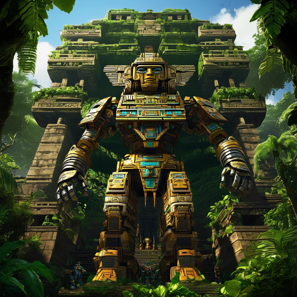 A giant mecha of an Aztec god is part of a massive pyramid. The jungle has over taken the scene, figs and vines cover everything.