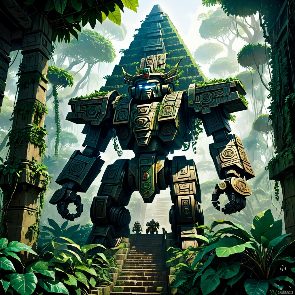 A giant mecha of an Aztec god is part of a massive pyramid. The jungle has over taken the scene, figs and vines cover everything.