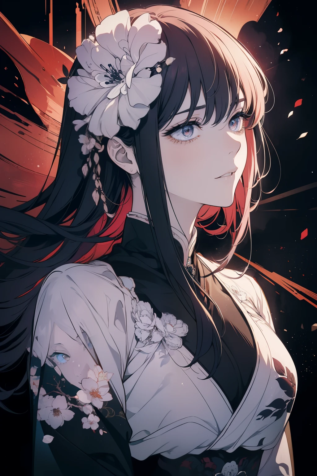 ((8K resolution))、((highest quality))、((masterpiece))、((Super detailed))((((dramatic))), (((Rough feeling))), (((intense)))、Handsome guy、smile、woman、tattoo、kimono、exposed、naginata、liquor、long hair、gray hair、White、peach、flower々、flower火、Clear shadows、lively, front,rich colorful,have confidence,coil,scene,boldness,to attract attention,smart、tendency、i concentrate