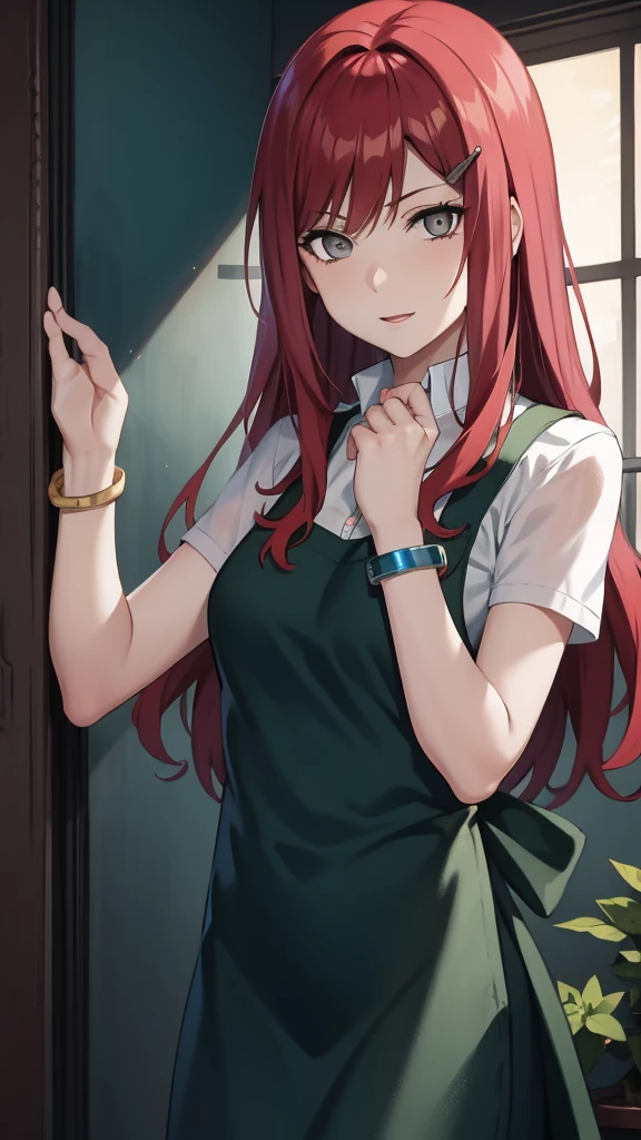 {-erro_de_anatomia:1.0} kushina, kushina, long hair, hair ornament, red hair, red head, hairclip, (grey eyes:1.5),
BREAK shirt, dress, jewelry, white shirt, short sleeves, apron, bracelet, green apron, collar,
BREAK looking at viewer, upper body, full body, cowboy shot,
BREAK indoors,
BREAK (masterpiece:1.2), best quality, high resolution, unity 8k wallpaper, (illustration:0.8), (beautiful detailed eyes:1.6), extremely detailed face, perfect lighting, extremely detailed CG, (perfect hands, perfect anatomy),