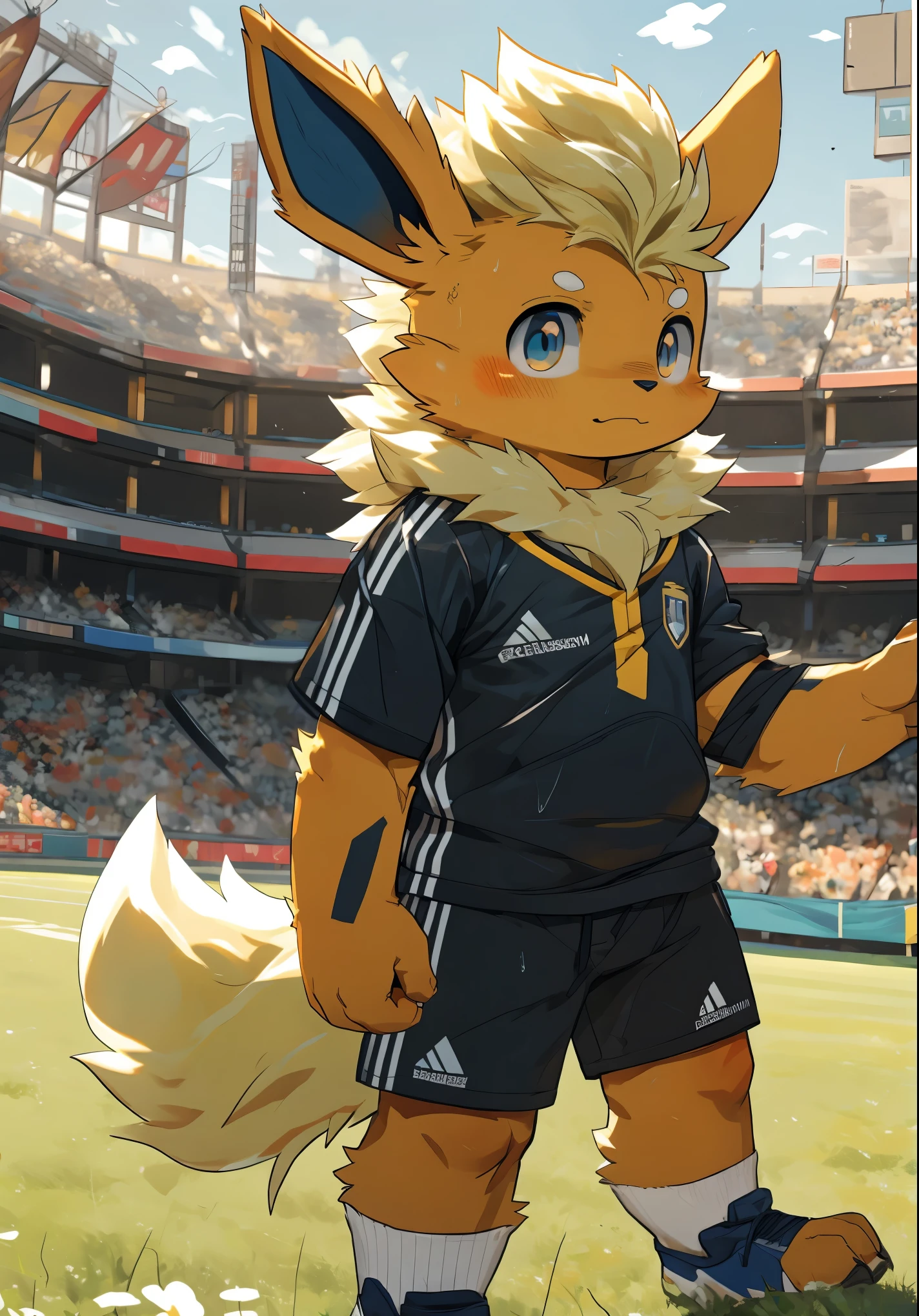 masterpiece，high quality，ridiculous resolution，number\（a work of art\），dagasi，（fluffy fur：1.1），(brightness：0.8), （black eyes，hairy all over，cat nose：1.2），Eyes have brightness，panoramic，Character focus。Detailed background，（red soccer uniform，sweat，：1.2），male，flareon, flareon male, Opaque white socks，football field，playing soccer, express enjoyment，Clothes soaked with sweat，very suitable, Protruding crotch, Lively，Lovely，masterpiece,high quality,abstract research,number\(artwork\), Yes, (Hana Charcoal,fluffy fur,Character focus:1.1), short hair,portrait , eyes are very bright, panoramic, Character focus.(Detailed background:0.7), playing soccer, 