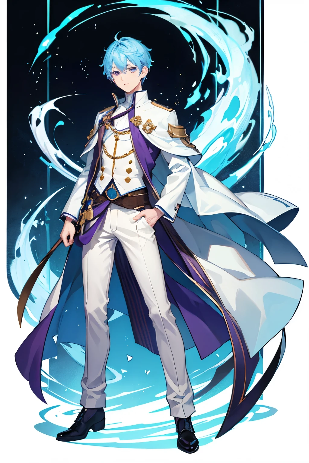 ((Full body)), (a boy), (super detailed), male role, beautiful boy, ((light blue clothes)), ((light blue hair)), ((purple eyes)), high quality