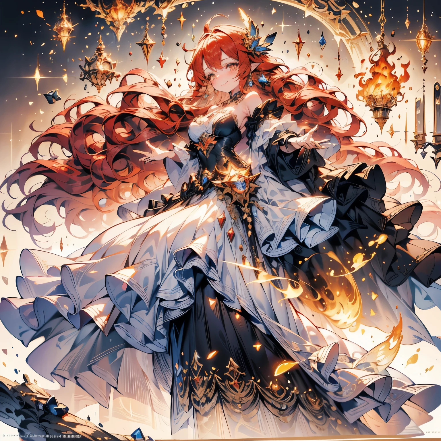 insanely detailed, beautiful, exquisite, masterpiece, absurdres, 16K, fairy woman, dress base on fire,((dress with motif of fire)), Flame,giant fairy wings,((smiling,excited, grinning)), floating, left hands on hips, right hand holding fire,looking at viewer, ahoge, bob, covering one eye, wavy hair, red hair, golden eyes, big eyes, tanned skin, slim, piercing, earrings, choker, black background, with a big explosion in the background, fantasy, romantic academia, hard-edged, from above, from front, dramatic lighting, cinematic lighting, volumetric lighting, dynamic lighting,magial Flame