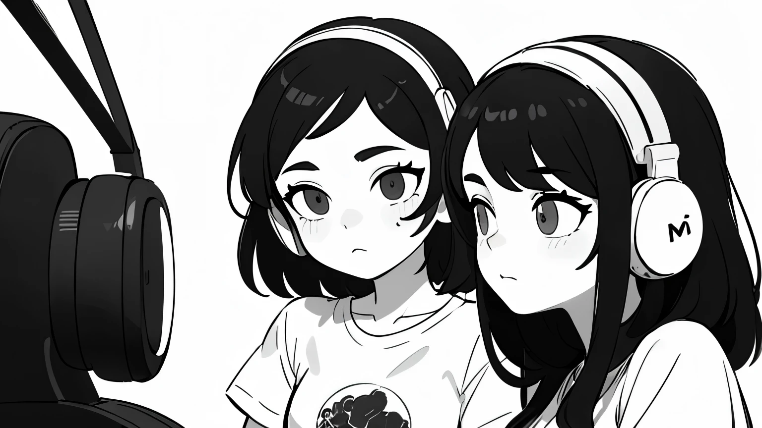 ((best quality)), ((masterpiece)), (detailed), perfect face, A girl, side portrait, black and white, Messy Short Hair, Spicy accessories, Sporty style, Casual T-shirt, Confident gaze, Monochrome color scheme, looking at the side, Chic street fashion, Sloppy hands in pockets posing, cap,((person)),Over-ear headphones, Large ear pads, Luxurious long hair