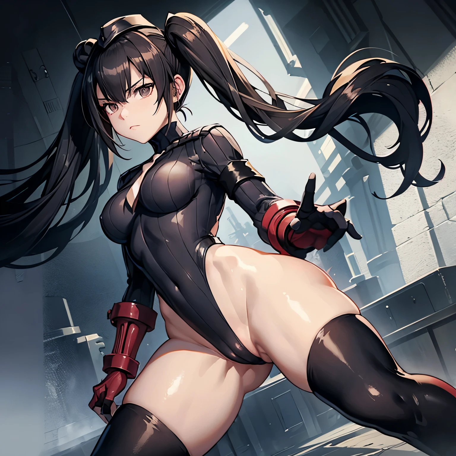 ultra-detailed, Explicit, Beautiful body, Beautiful Nose, Beautiful character design, perfect eyes, perfect face, ultra highres, 4K, beautiful legs, perfect legs, Nice hands, Perfect hand, Masterpiece, Best Quality, Highly detailed, illustration, absurdres, perfect anatomy, street fighter, doll suit, shadaloo doll, dollsuit, expressionless, blank eyes, looking at viewer, red gloves, emotionless, black latex, corrution, mind control, female combatant, full body, hypnotized, unhappy trance, full body suit, ribbed bodysuit, obey, perfect female body, extremely glossy latex, hypnosis, hypnoLora, empty eyes, Mind control device, poses, submissive_pose, Slave, standing straight, standing, standing at attention, hat, necktie, belt, latex, ribbed bodysuit, thighhighs, garter belt, Fighting Stance, extending the right arm from the shoulder into the air with a straightened hand, military, thigh boots, black pantyhose, (((pixel-perfect, detail-perfect))),  solo, 1girl, hair ornaments, long hair, black hair, twin tails, hair ribbon, black eyes, pale skin, Ouroboros, Girls' Frontline, small breast, looking from back, view from back, ass, hand on hip