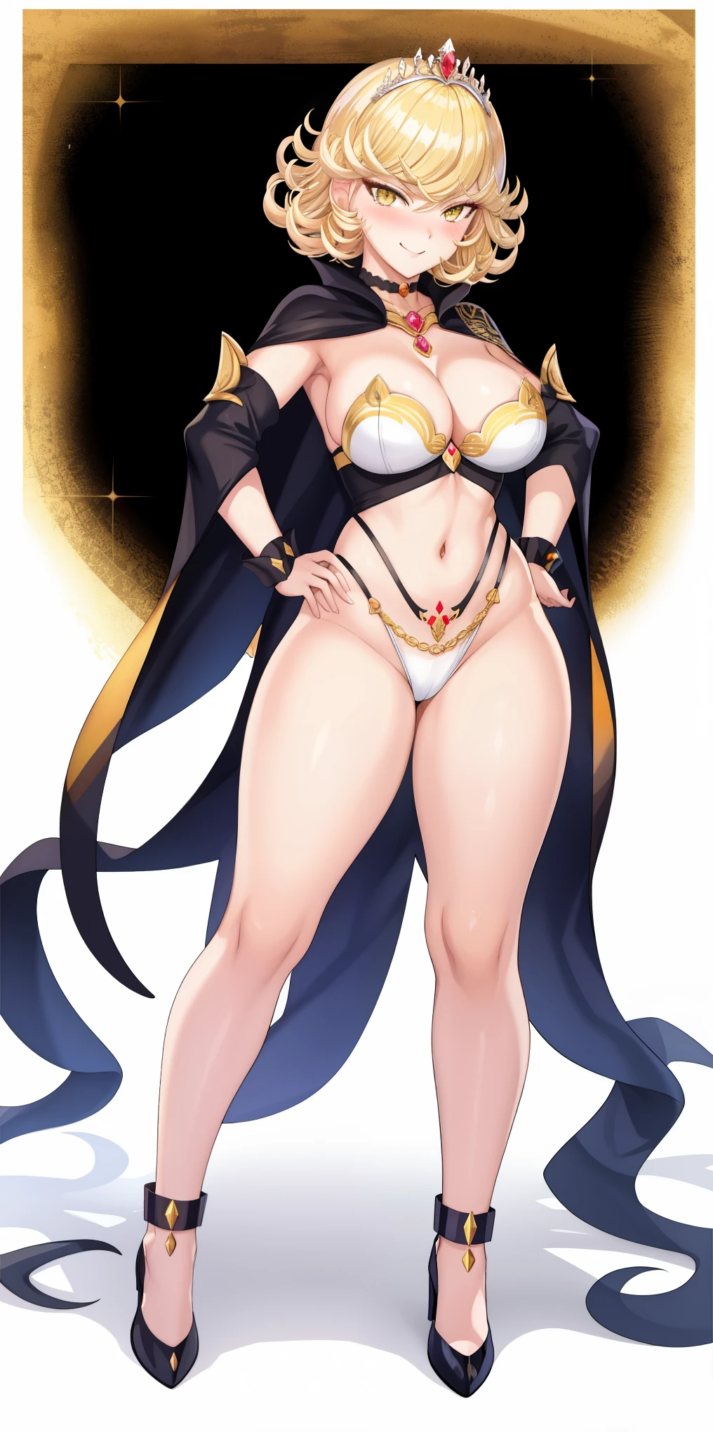 Two long thighs, yellow eyes, blonde hair, short hair, large breasts, detached sleeves, very white background, royal tiara, long cape, yellow tiger bikini, high heels, hands on hips. red tattoo on belly navel, full body female MILF BIMBO, lustful smirking smile face (red blush), metal shoulders, golden bracers sleeveless, black choker sex slave, white background