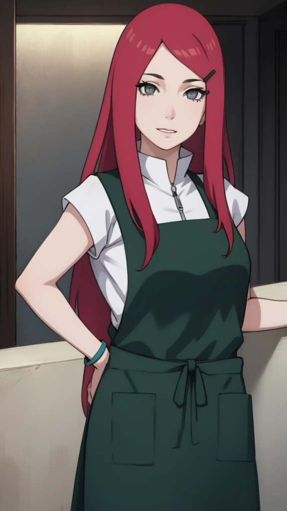 {-erro_de_anatomia:1.0} kushina, kushina, long hair, hair ornament, red hair, red head, hairclip, (grey eyes:1.5), BREAK shirt, dress, jewelry, white shirt, short sleeves, apron, bracelet, green apron, collar, BREAK looking at viewer, upper body, full body, cowboy shot, BREAK indoors, BREAK (masterpiece:1.2), best quality, high resolution, unity 8k wallpaper, (illustration:0.8), (beautiful detailed eyes:1.6), extremely detailed face, perfect lighting, extremely detailed CG, (perfect hands, perfect anatomy),