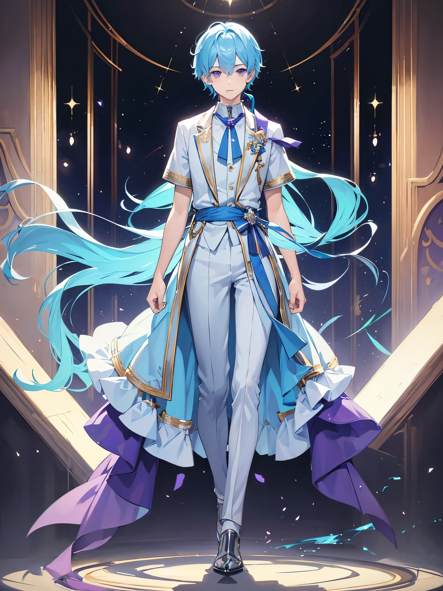 ((Full body)), (a boy), (super detailed), male role, beautiful boy, ((light blue clothes)), ((light blue hair)), ((purple eyes)), high quality