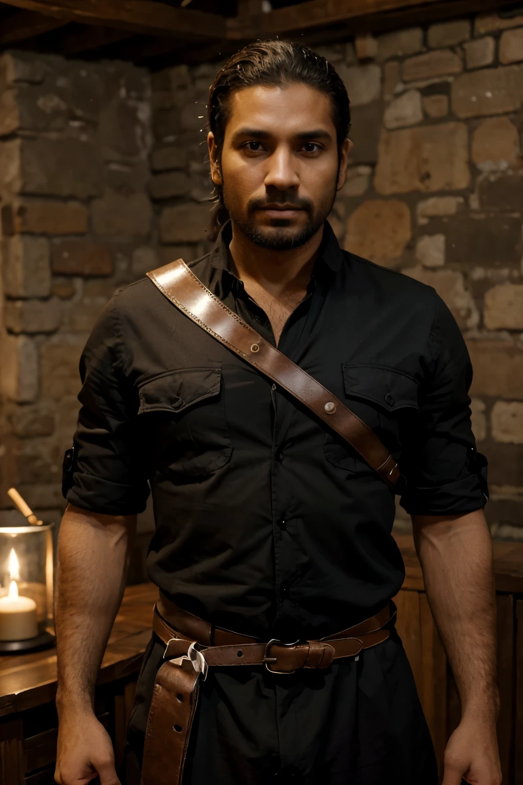 Man of approximately 34 years old in a medieval setting. He has brown skin, quase ?????. Cold and cunning features. O cabelo quase raspado em estilo militar moderno, quase careca. Not too long stubble. Tapa-olho no olho esquerdo. It's not very robust, mas tem um corpo forte. Wear black utilitarian clothing. Spear and a hatchet strapped to the back.