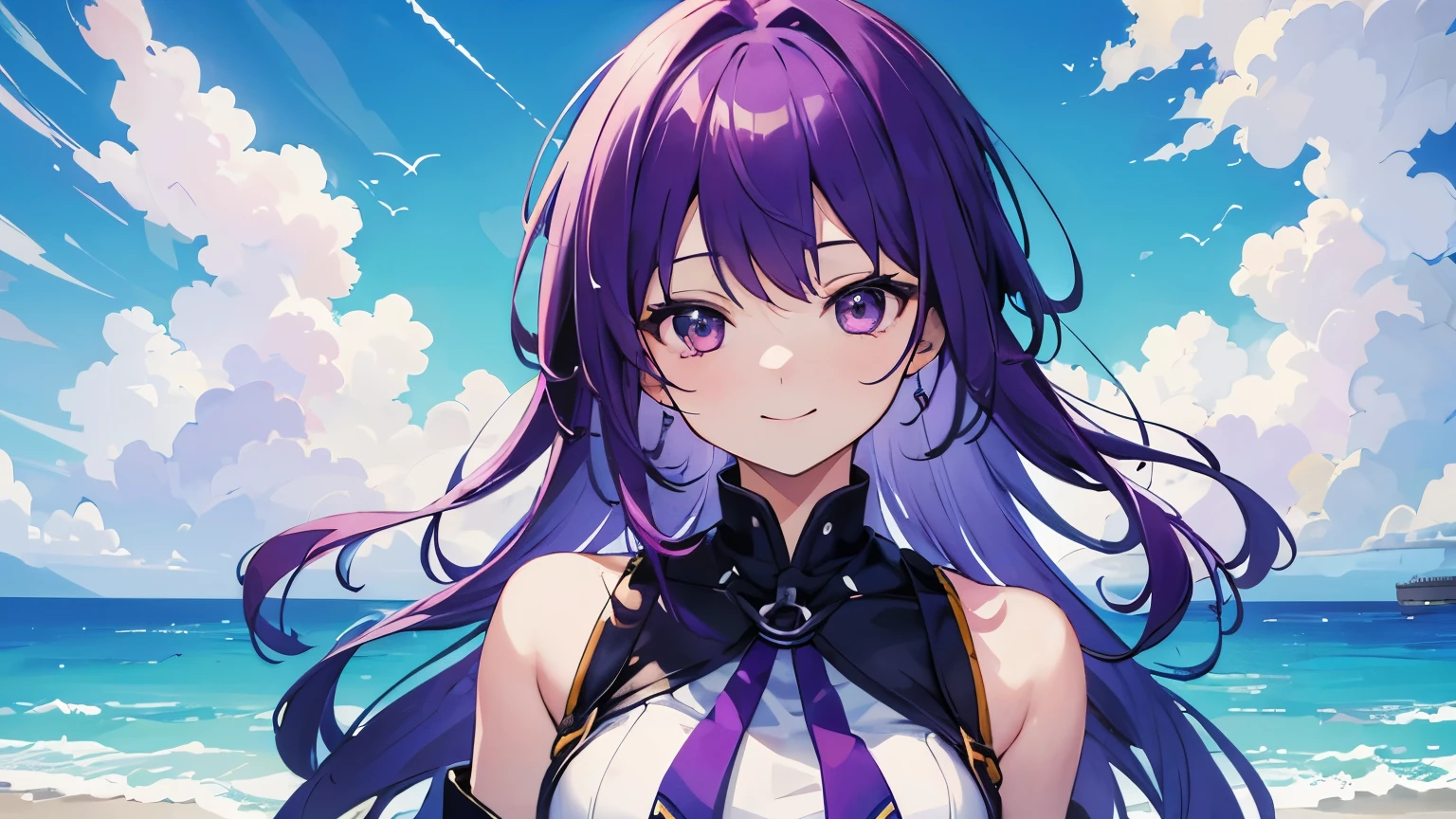 (T Masterpiece,4k wallpaper,best quality))、((girl1people))、(solo)、Shining and vivid,(purple hair)、(shortcut:1.3)、smile、uniform、Ocean、battleship
