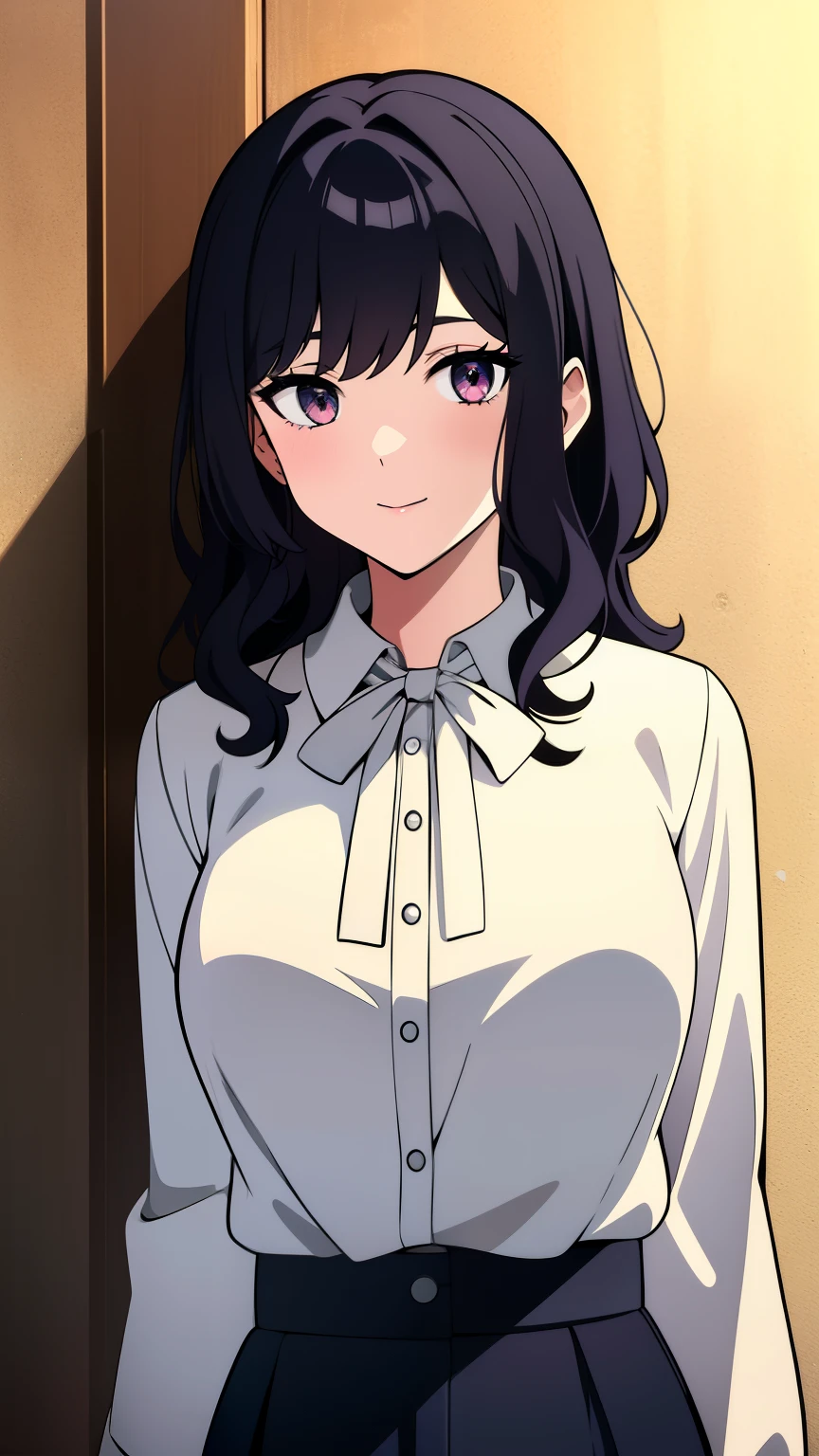 (high-quality, breathtaking),(expressive eyes, perfect face) 1girl, female, solo, half body, 1800's clothing,18th century fashion, black color hair, medium hair length, curly wavy hair, pink eye color, Chainsaw man anime art style, teenager age, 18 years old, portrait, cute smile, slacks pants, Tie Neck Flounce Sleeve Blouse cotton shirt, zoomed out, D cup breast size, scarf, vintage clothing
