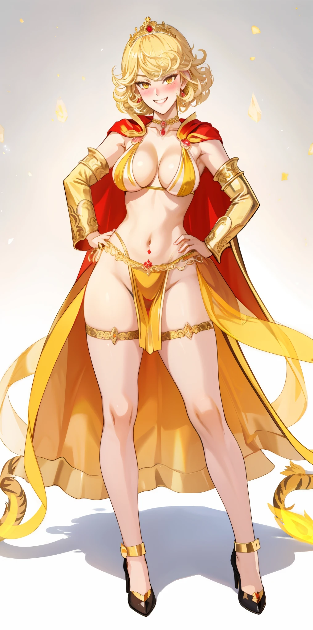 Two long thighs, yellow eyes, blonde hair, short hair, large , detached sleeves, very white background, royal tiara, long cape, yellow tiger bikini, high heels, hands on hips. red tattoo on belly navel, full body female MILF BI lustmirkingle face (red blush), metal shoulders, golden bracers sleeveless, black choker sex slave, white bacound