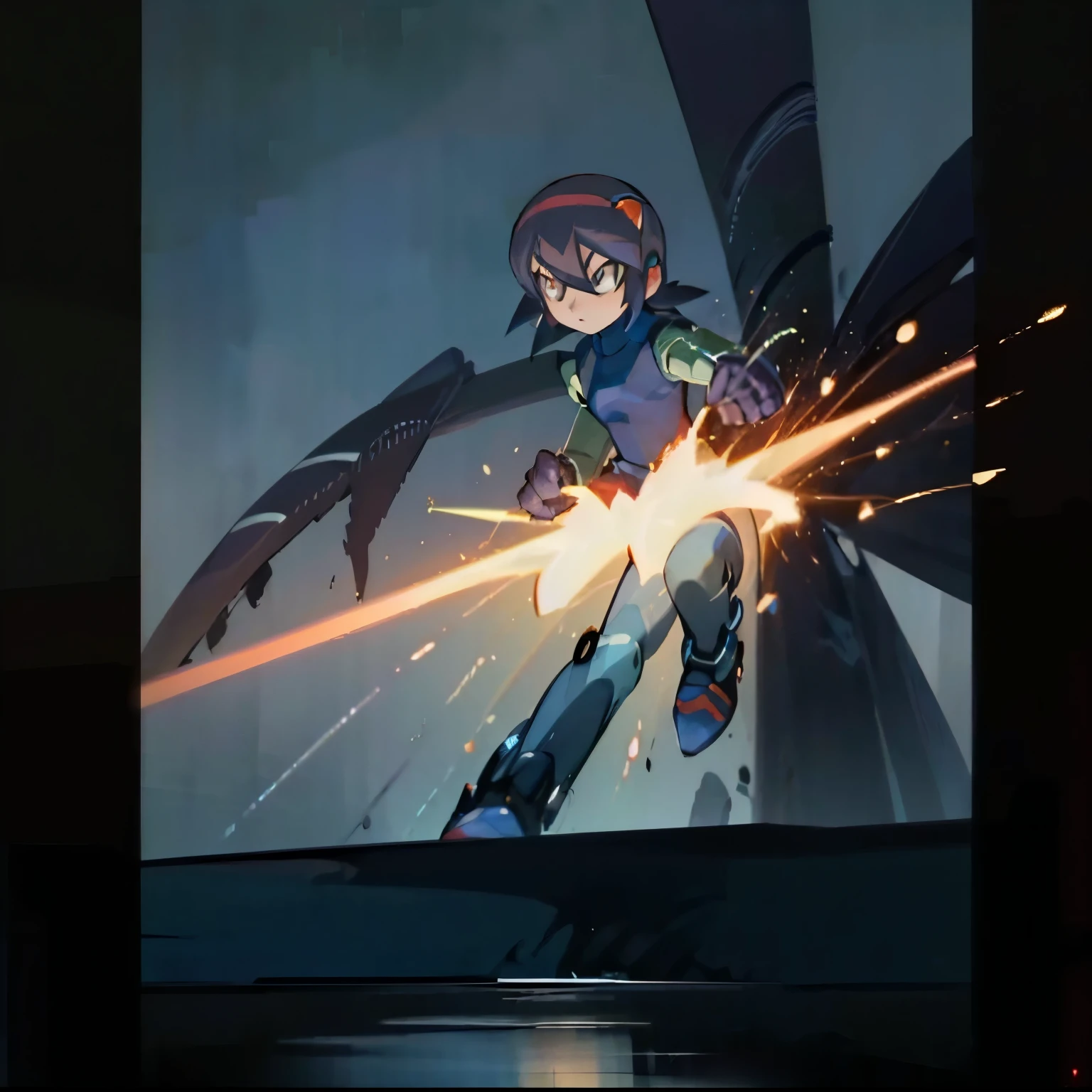 Action pose, look behind, serious face, ((High res)), Sci-fi, dark background, running , cool , Giant spider robot in background, Gloom atmosphere, action packed, megaman X