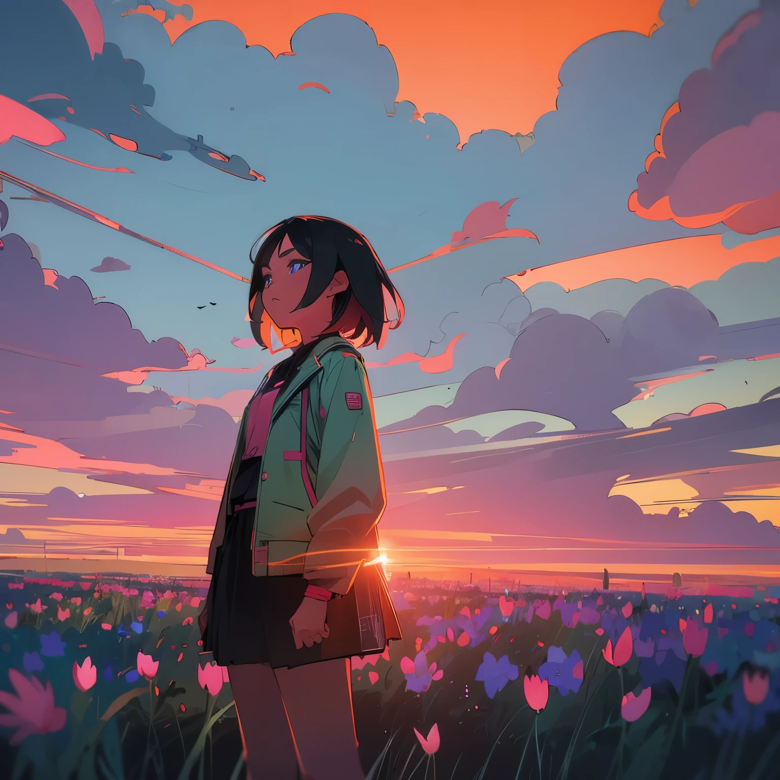 girl standing in field of neon flowers, derailed face, mid short, clouds, sunrise