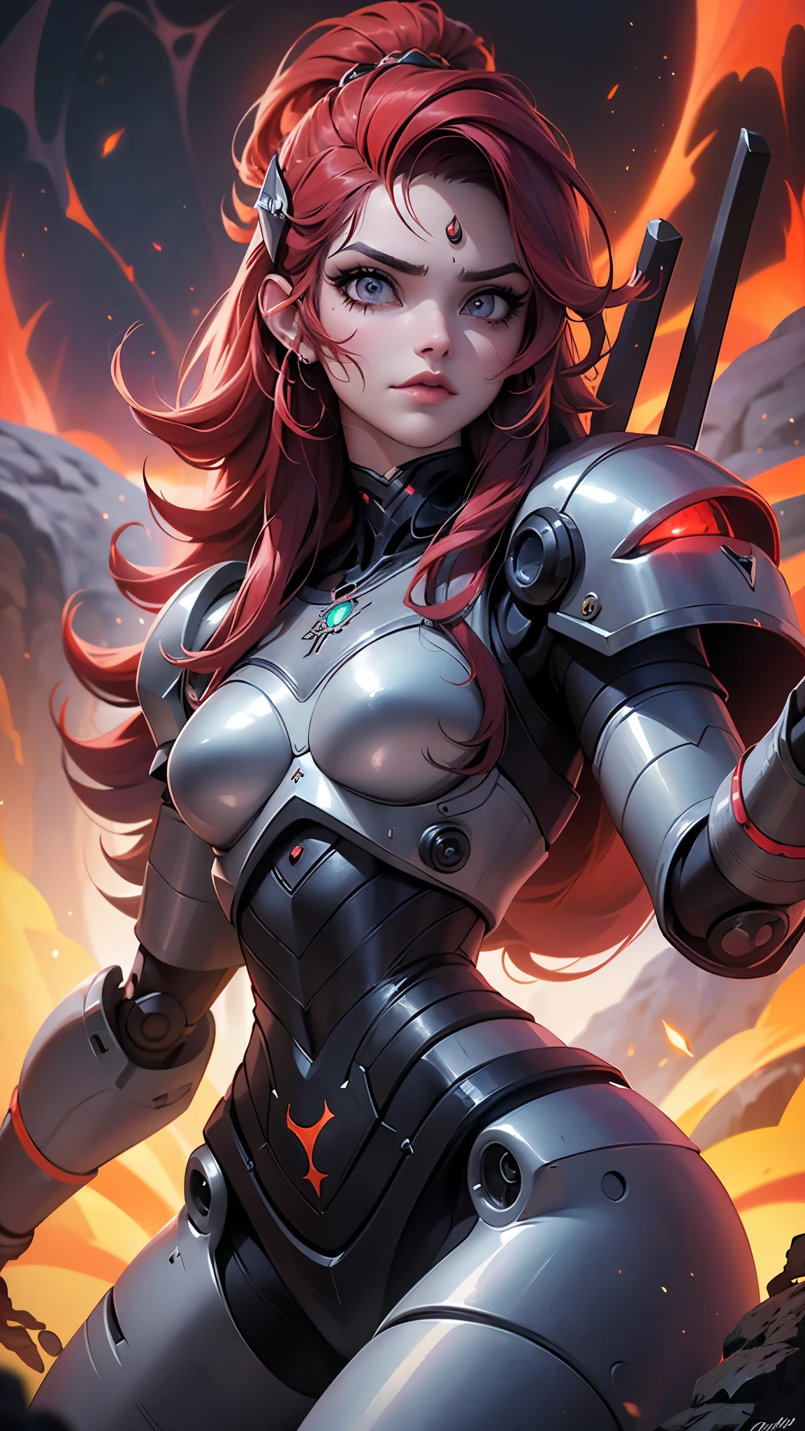 (La mejor calidad,A high resolution,Ultra - detallado,actual),Ariana Grande, (SFW)Un hermoso lobo peludo, (wearing cyborg nordic warrior clothing :1.4) ,(pelo rojo largo y rizado:1.4) , labios delgados, Cara redonda, senos grandes, (guerrera loba ciborg robot :1.4) , imponente y perfecto(SFW), More detailed 8K.motor irreal:1.4,UHD,La mejor calidad:1.4, fotorrealista:1.4, textura de la piel:1.4, obra maestra:1.8,obra-prima, mejor calidad,objeto Objeto], (detailed face features:1.3),(Las proporciones correctas),(Ojos hermosos rojos :1.4 ),  (pose vaquero), (fondo cueva piedras grandes magma lava:1.4),( dedos detailed:1.4), ,( ciberpunk 2.1), (estilo kawaii :1.4) 