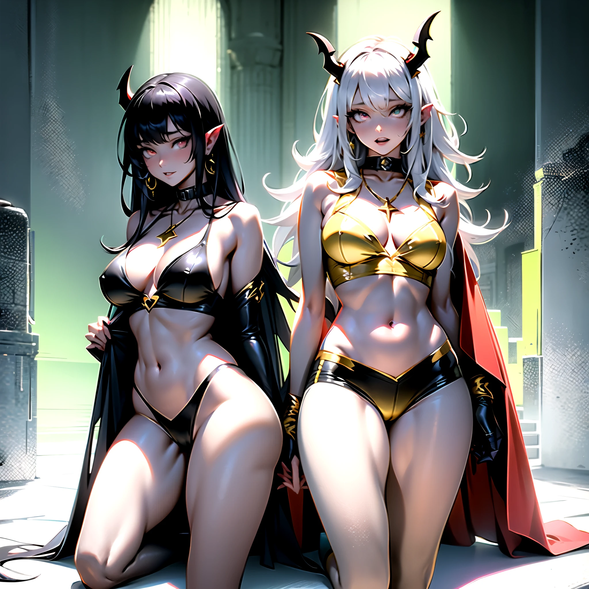 a succubus girl with long white horns pink hairpin star shaped eyes, six big fitness body and wide hips wearing golden high heels wearing a red and gold necklace with a green bikini with gray skin with a red and black cape with white fur on the collar wearing an open white coat in a dark and gloomy castle((melhor qualidade)), ((obra de arte)), (detalhado)