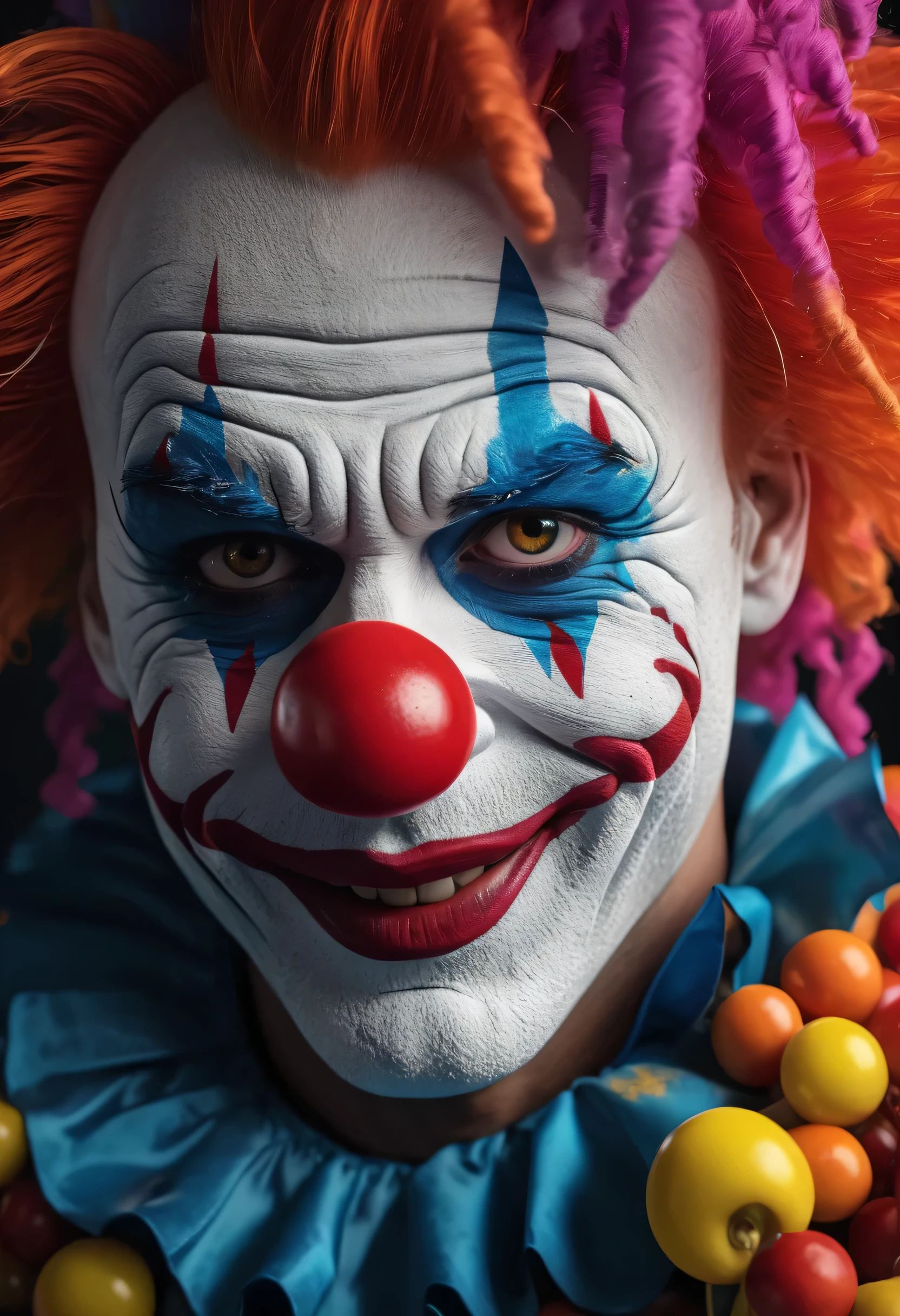 create an image demonstrating the style of ((Clowncore)) style, hyper realism, 8k high definition, vibrant colors, sharp focus, insanely detailed
