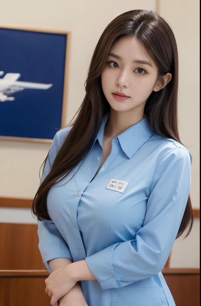 best images, (8k, original photo, actual), Clean and beautiful Korean stewardess,sky blue shirt， Iridescent light brown straight hair, big blue shining eyes, long eyelashes, double eyelids, red phoenix eye，Oval face，high nose，Half-open crimson, attractive and moist thick lips, big breasts, side chest, Reveal a little bit of career line，Perfect proportion, whole body, stewardess clothing