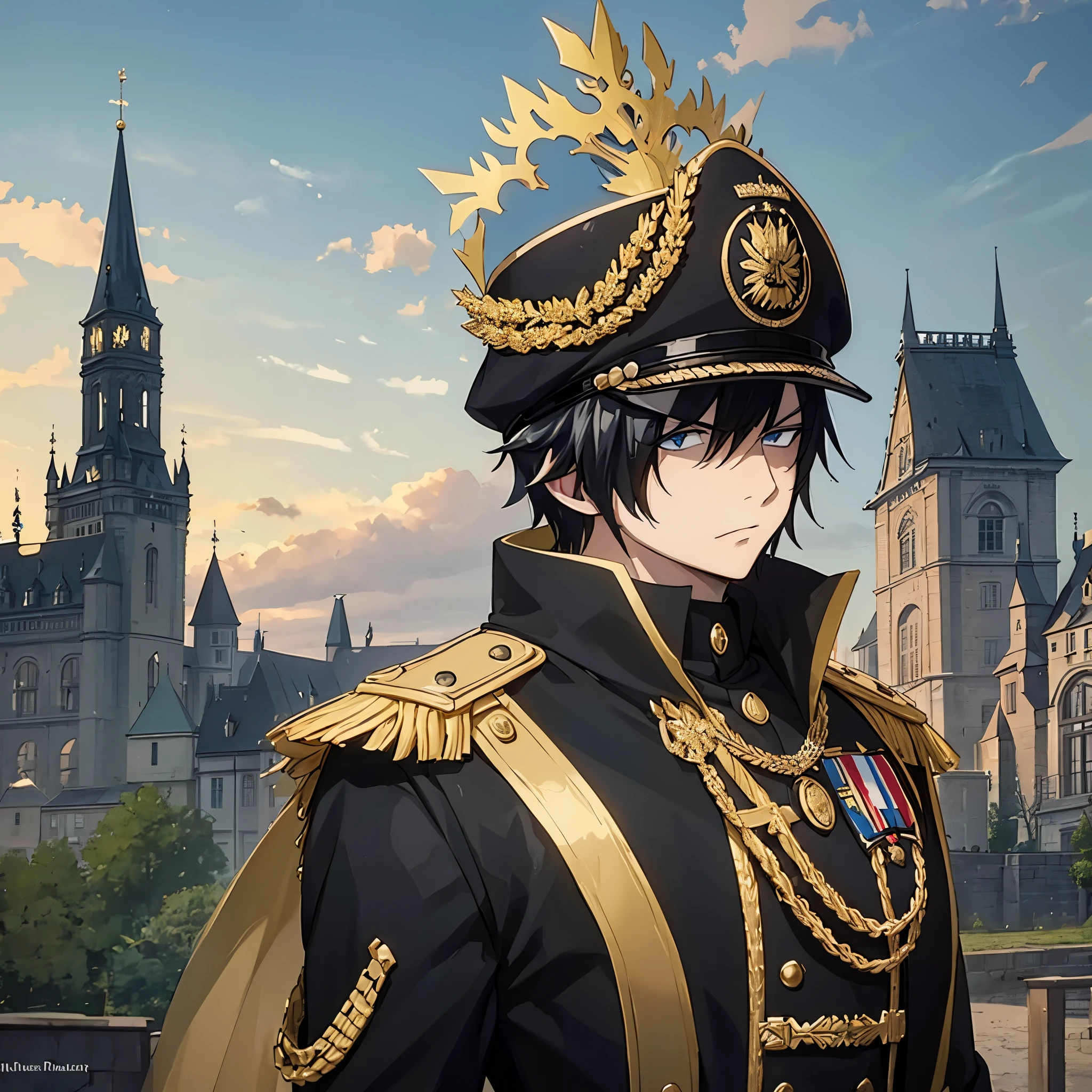 A man wearing black Old Prussian military uniform with gold trim, wearing Prussian Pickelhaube helm, black hair , outside a German castle
