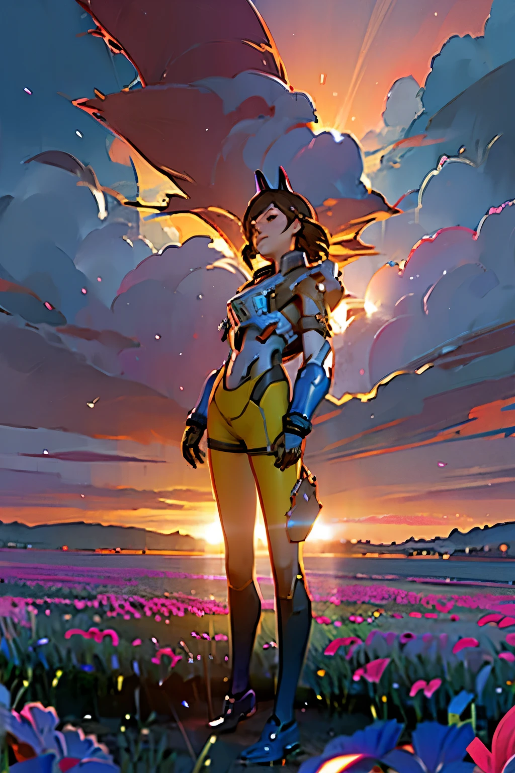 girl standing in field of neon flowers, detailed face, mid short, clouds, sunrise