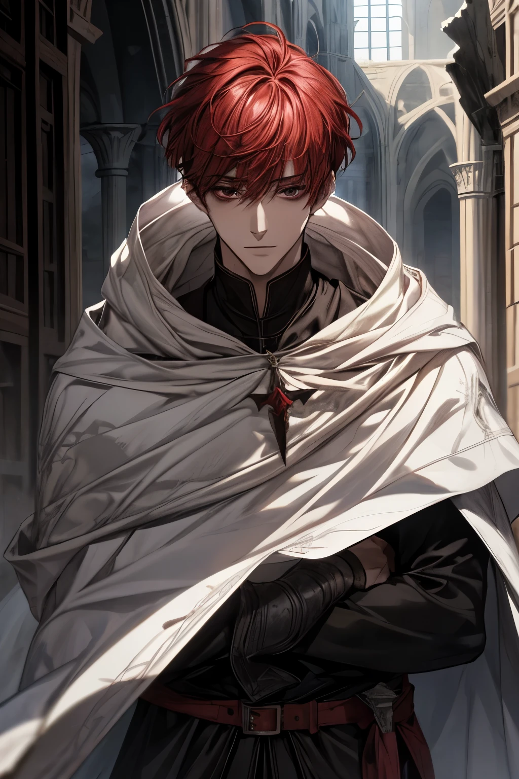 male, red short hair with bangs, black eyes, adult face, adult, white hood and shroud, handsome, medieval fantasy, ruins, sorcerer