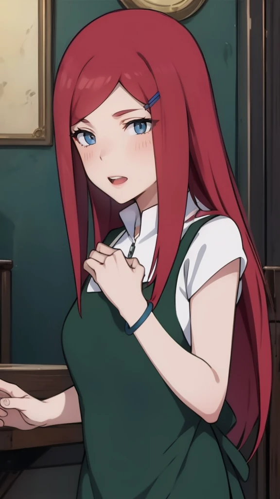 {-erro_de_anatomia:1.0} kushina, kushina, blue eyes, long hair, hair ornament, red hair, red head, hairclip, (grey eyes:1.5), BREAK shirt, dress, jewelry, white shirt, short sleeves, apron, bracelet, green apron, collar, BREAK looking at viewer, upper body, full body, cowboy shot, BREAK indoors, BREAK (masterpiece:1.2), best quality, high resolution, unity 8k wallpaper, (illustration:0.8), (beautiful detailed eyes:1.6), extremely detailed face, perfect lighting, extremely detailed CG, (perfect hands, perfect anatomy), dinamic poses