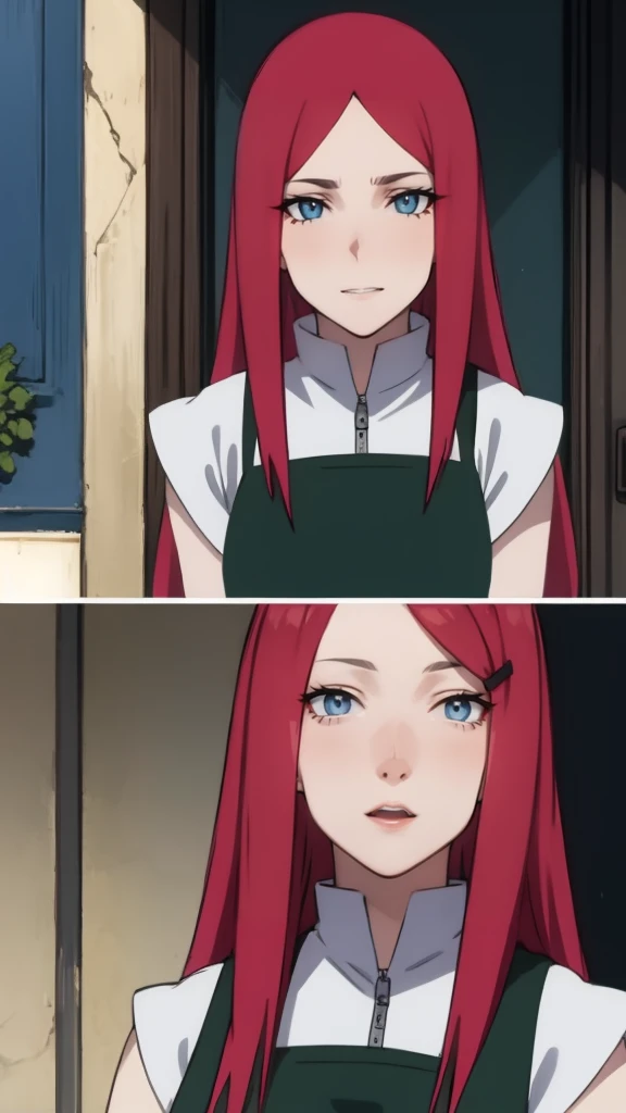 {-erro_de_anatomia:1.0} kushina, kushina, blue eyes, long hair, hair ornament, red hair, red head, hairclip, (grey eyes:1.5), BREAK shirt, dress, jewelry, white shirt, short sleeves, apron, bracelet, green apron, collar, BREAK looking at viewer, upper body, full body, cowboy shot, BREAK indoors, BREAK (masterpiece:1.2), best quality, high resolution, unity 8k wallpaper, (illustration:0.8), (beautiful detailed eyes:1.6), extremely detailed face, perfect lighting, extremely detailed CG, (perfect hands, perfect anatomy), dinamic poses