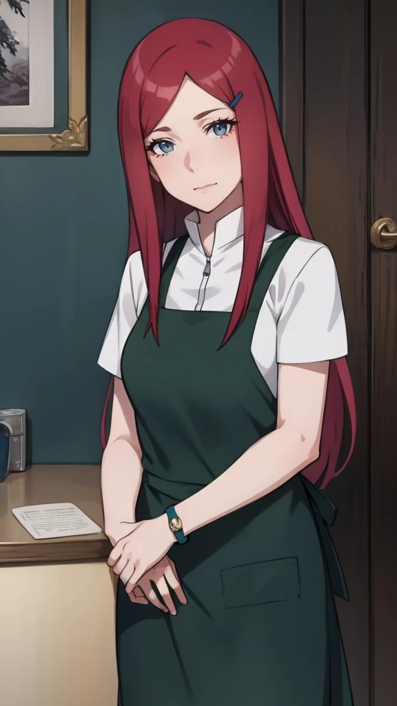 {-erro_de_anatomia:1.0} kushina, kushina, blue eyes, long hair, hair ornament, red hair, red head, hairclip, (grey eyes:1.5), BREAK shirt, dress, jewelry, white shirt, short sleeves, apron, bracelet, green apron, collar, BREAK looking at viewer, upper body, full body, cowboy shot, BREAK indoors, BREAK (masterpiece:1.2), best quality, high resolution, unity 8k wallpaper, (illustration:0.8), (beautiful detailed eyes:1.6), extremely detailed face, perfect lighting, extremely detailed CG, (perfect hands, perfect anatomy), dinamic poses