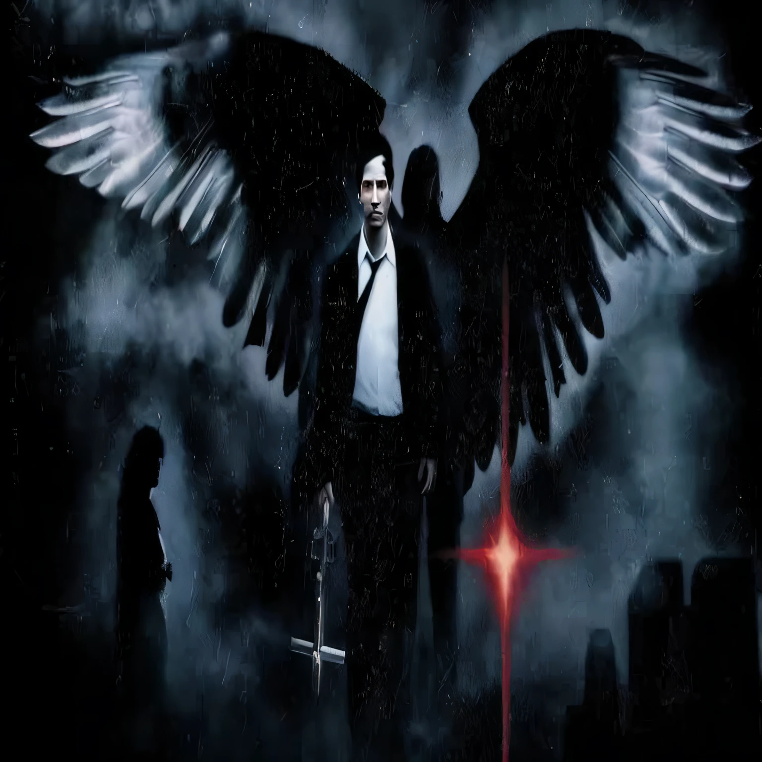 um close up de uma pessoa com asas em um fundo escuro, Lucifer the star, Lucifer, incredible, anjo escuro, anjo, anjo com asas negras, the anjo da morte, angel watching demon, anjo da morte, poe's anjo, fallen Angel, Constantino, sondar o inferno ou tornar-se angelical, the anjo da morte with a halo