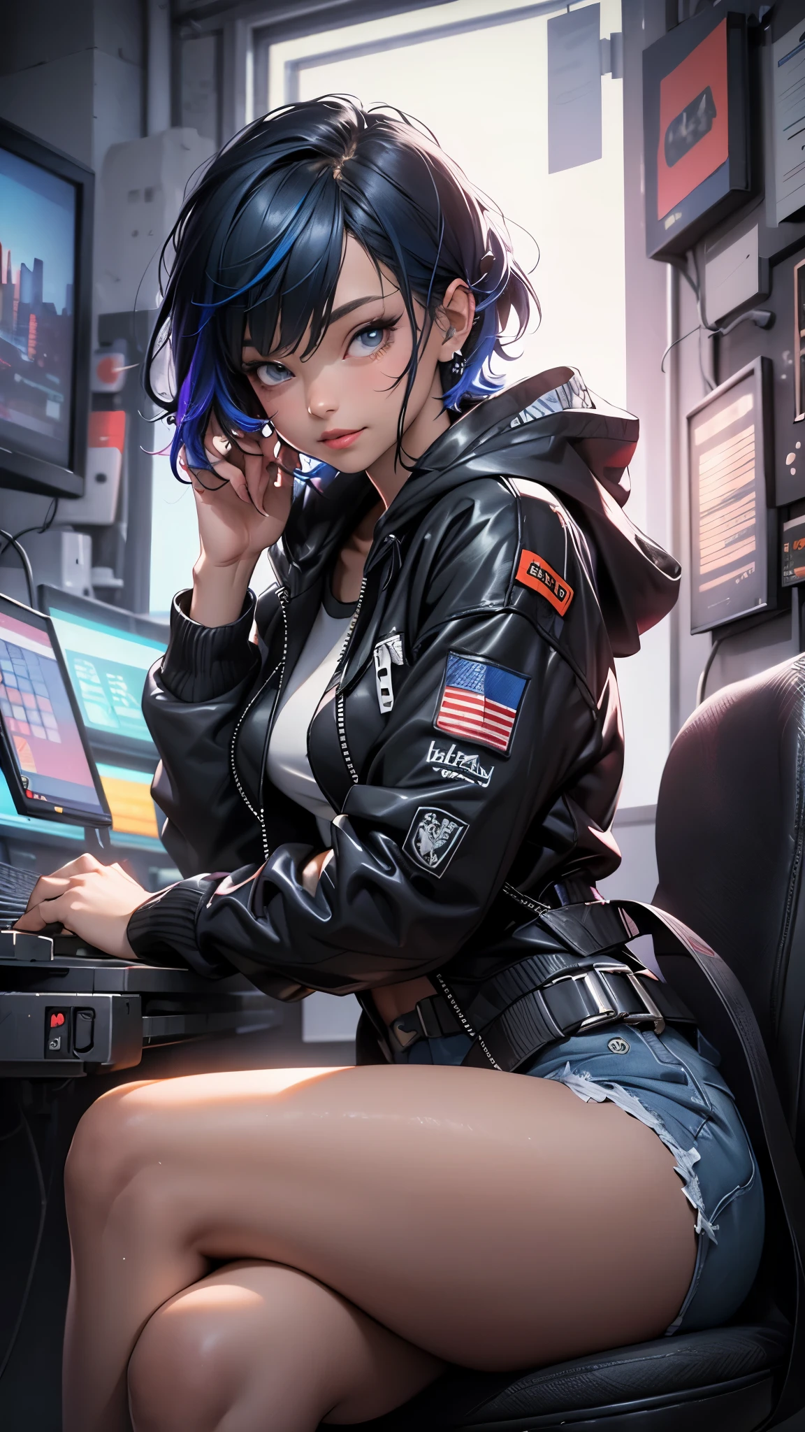 (best quality,4k,8k,highres,masterpiece:1.2),ultra-detailed,(realistic,photorealistic,photo-realistic:1.37),HDR,UHD,studio lighting,ultra-fine painting,sharp focus,physically-based rendering,extreme detail description,professional,vivid colors,bokeh, portraits

Inside the room, gaming room, gaming pc, one 18-aged girl, black short hair colored inner blue hair, sitting on the chair, sleepy, smile, cyberpunk fashion, hoodie, shorts, thigh-high long boots, vivid colors, studio lighting, ultra-detailed portraits.