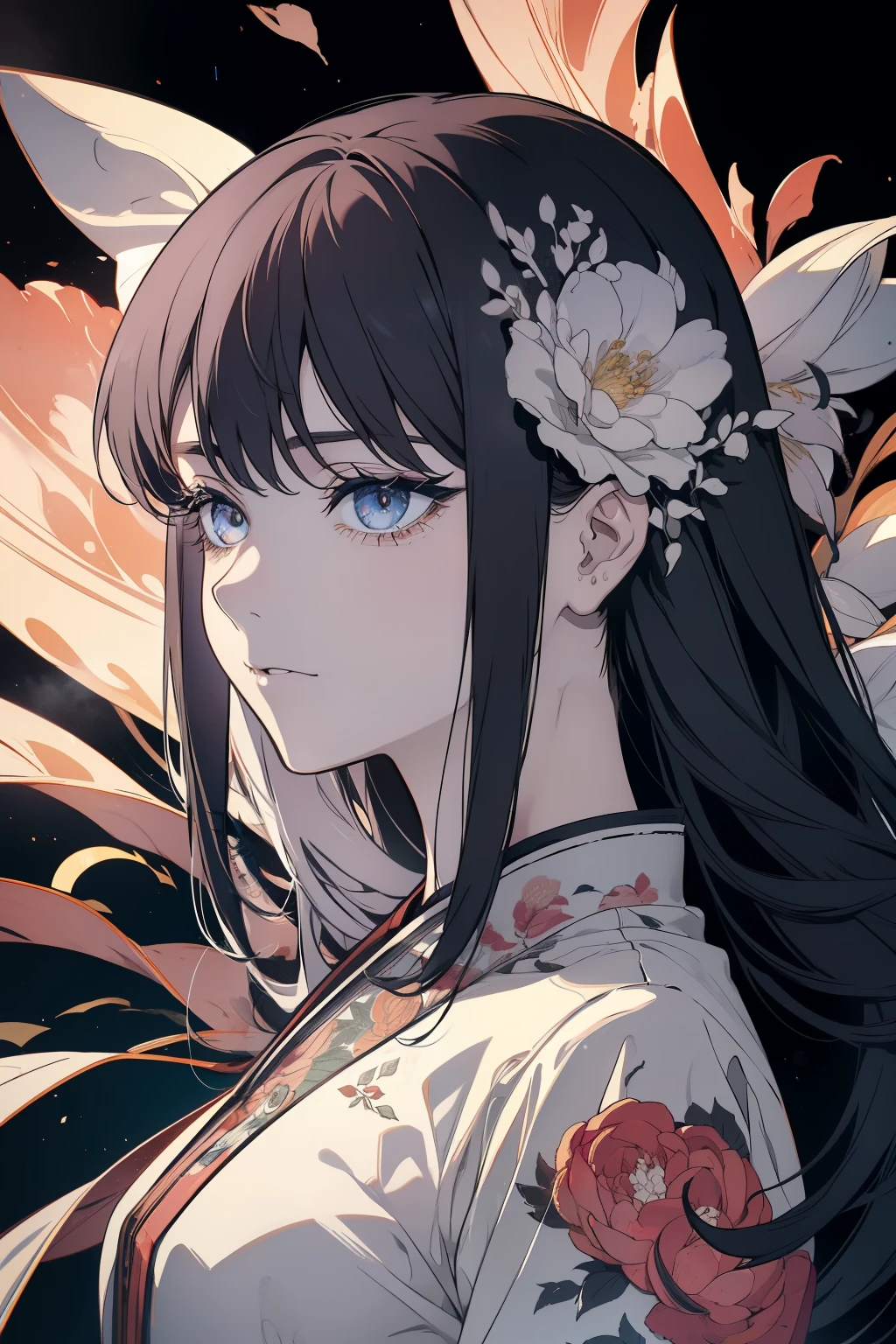 ((8K resolution))、((highest quality))、((masterpiece))、((Super detailed))((((dramatic))), (((Rough feeling))), (((intense)))、Handsome guy、smile、woman、tattoo、kimono、exposed、naginata、liquor、long hair、gray hair、White、peach、flower々、flower火、Clear shadows、lively, front,rich colorful，have confidence，coil，scene，boldness，to attract attention，smart、tendency、i concentrate
