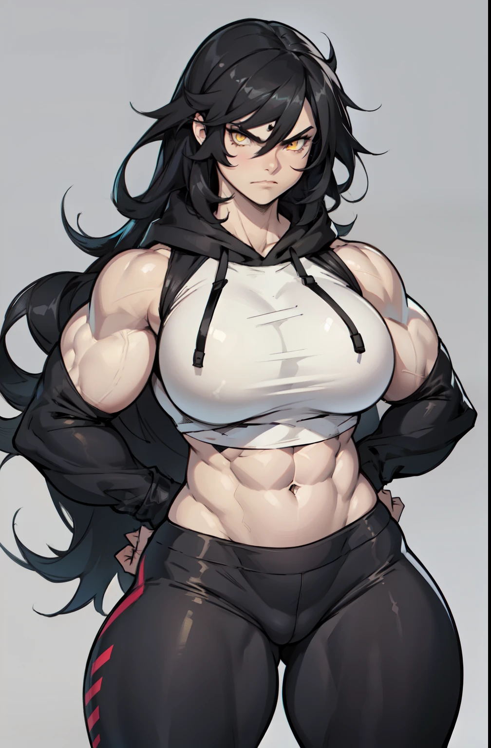 ((grey background)), solo, ((((1 girl)))), very long hair, (((((muscular))))), black hair, angry, yellow eyes, (huge tits), (thick thighs), (wide hips), pale skin, standing, slick hair, hoodie, leggings