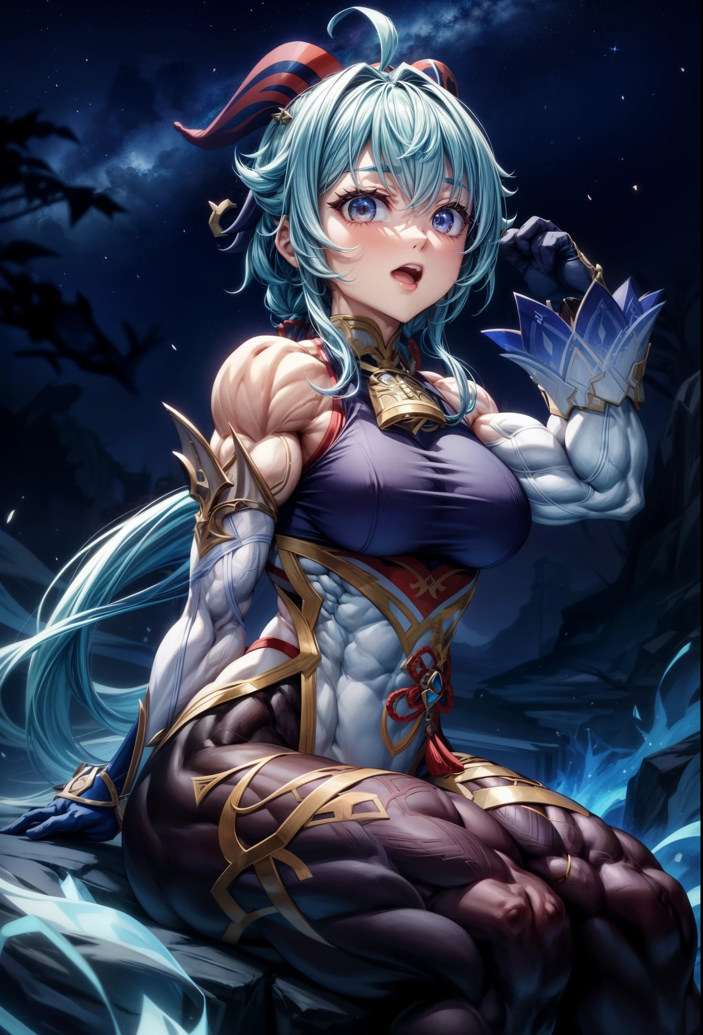 ,girl,, (muscular female:1.2), alternate muscle size,,muscular ,(biceps), ,open mouth,muscular, thick thighs,sitting,, ganyu (genshin impact), night