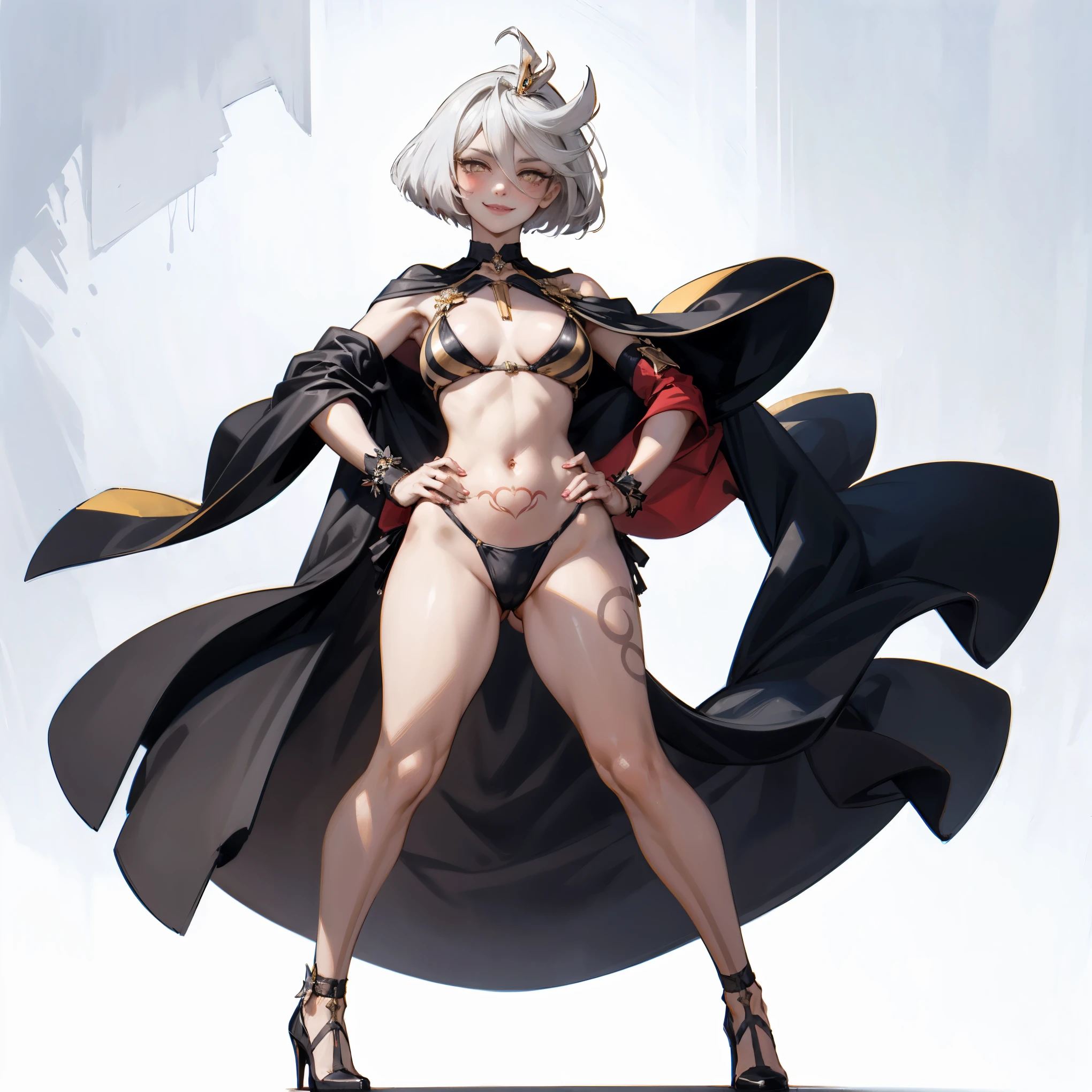 Two long thighs, yellow eyes, blonde hair, short hair, large breasts, detached sleeves, very white background, royal tiara, long cape, yellow tiger bikini, high heels, hands on hips. red tattoo on belly navel, full body female MILF BIMBO, lustful smirking smile face (red blush), metal shoulders, golden bracers sleeveless, black choker sex slave, white background
