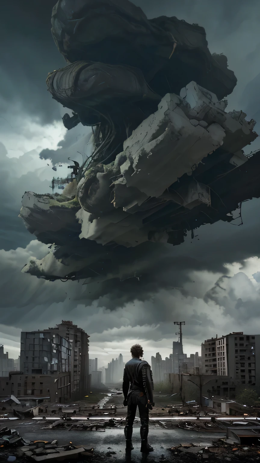 masterpiece, best quality, Octane 8K rendering, actual, Highly detailed post-apocalyptic city, 1 boy, lush city, abandoned city, destroyed buildings, broken trees, storm clouds