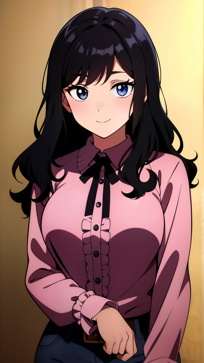 (high-quality, breathtaking),(expressive eyes, perfect face) 1girl, female, solo, half body, 1800's clothing,18th century fashion, black color hair, medium hair length, curly wavy hair, pink eye color, Chainsaw man anime art style, teenager age, 18 years old, portrait, cute smile, jeans, Tie Neck Flounce Sleeve Blouse cotton shirt, zoomed out, D cup breast size, vintage clothing, thin black ribbon
