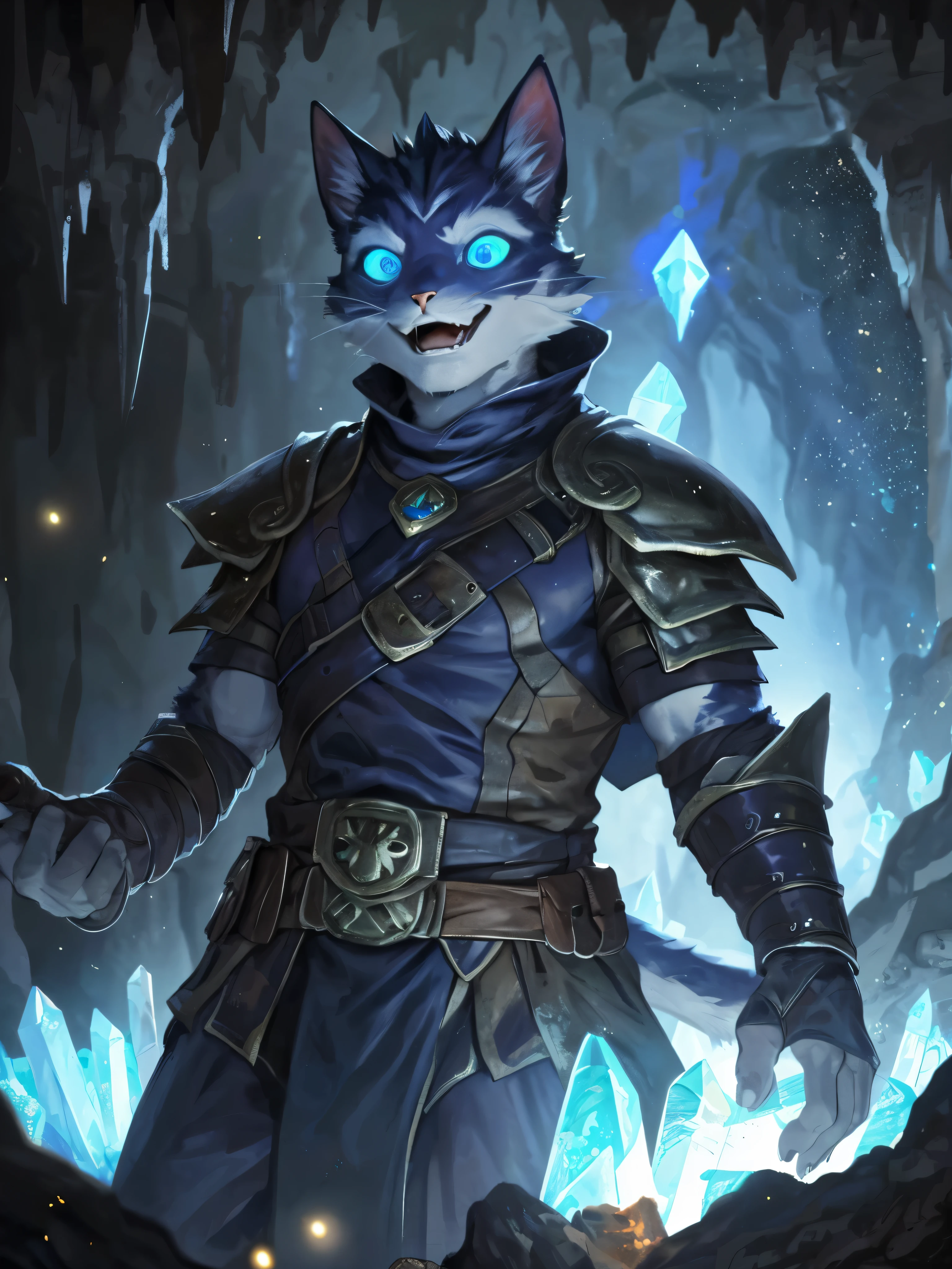 solo, male, adventurer, (male cat girl:1.3), (standing:1.3), (kemono:1.2), (cave:1.23), (leather armor), (excited:1.3), open mouth,  ,detailed eyes, cat tail, cat ears, (bust portrait), (detailed eyes), (indoors:1.35), crystal, torch, smoke, dnd, (dark:1.4), (particles ,firefly, blue glowing:1.3), detailed background, 8k hd, (dark shadows, wide dynamic range, hdr, low light:1.2), by Pino Daeni, canyne khai, milkytiger1145, (bara), [dagasi, yupa], (((detailed eyes)))